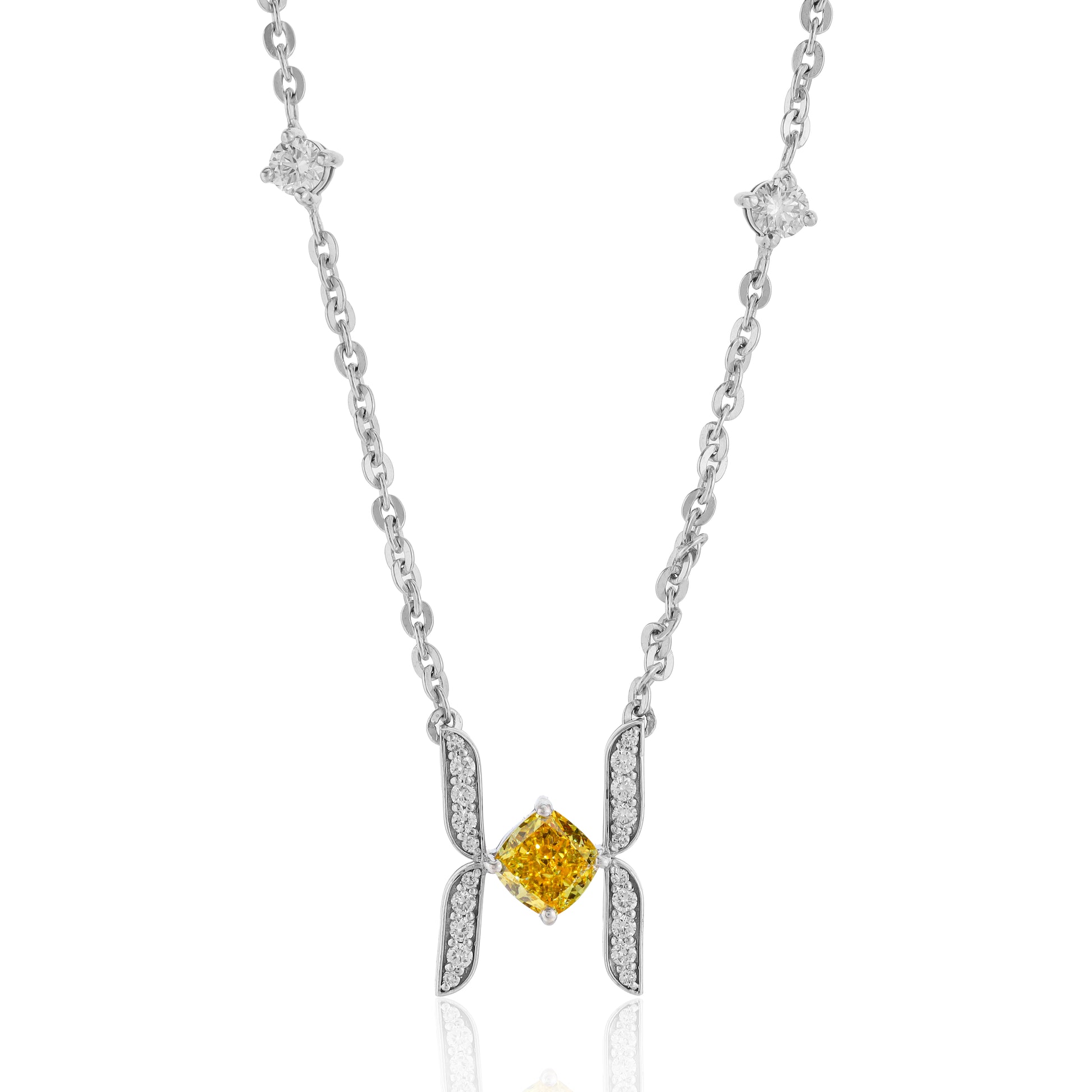 Had Jewell Yellow Cushion Cut Lab Diamond H-Frame  Pendant Station Bar Necklace
