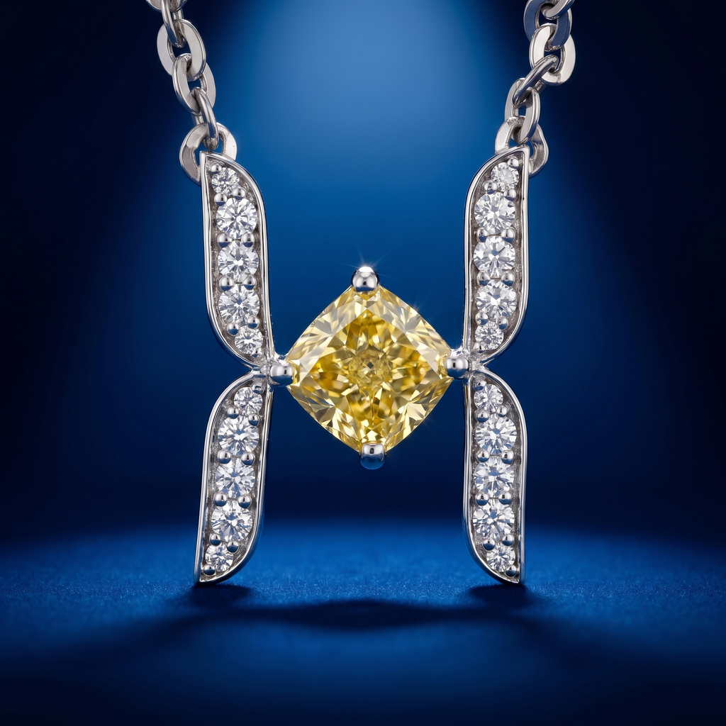 Had Jewell Yellow Cushion Cut Lab Diamond H-Frame  Pendant Station Bar Necklace