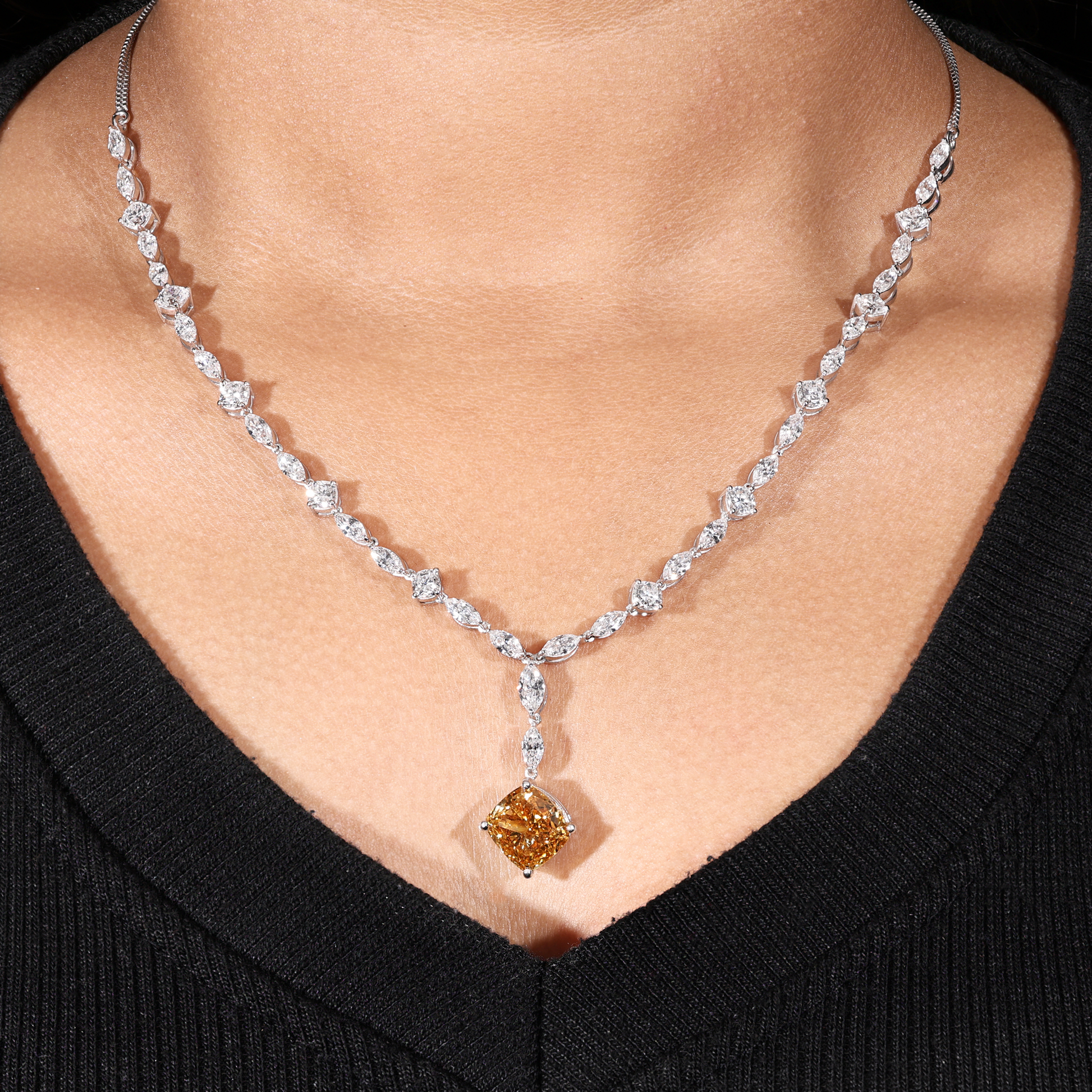 Cushion Yellow Diamond Flower Style Necklace