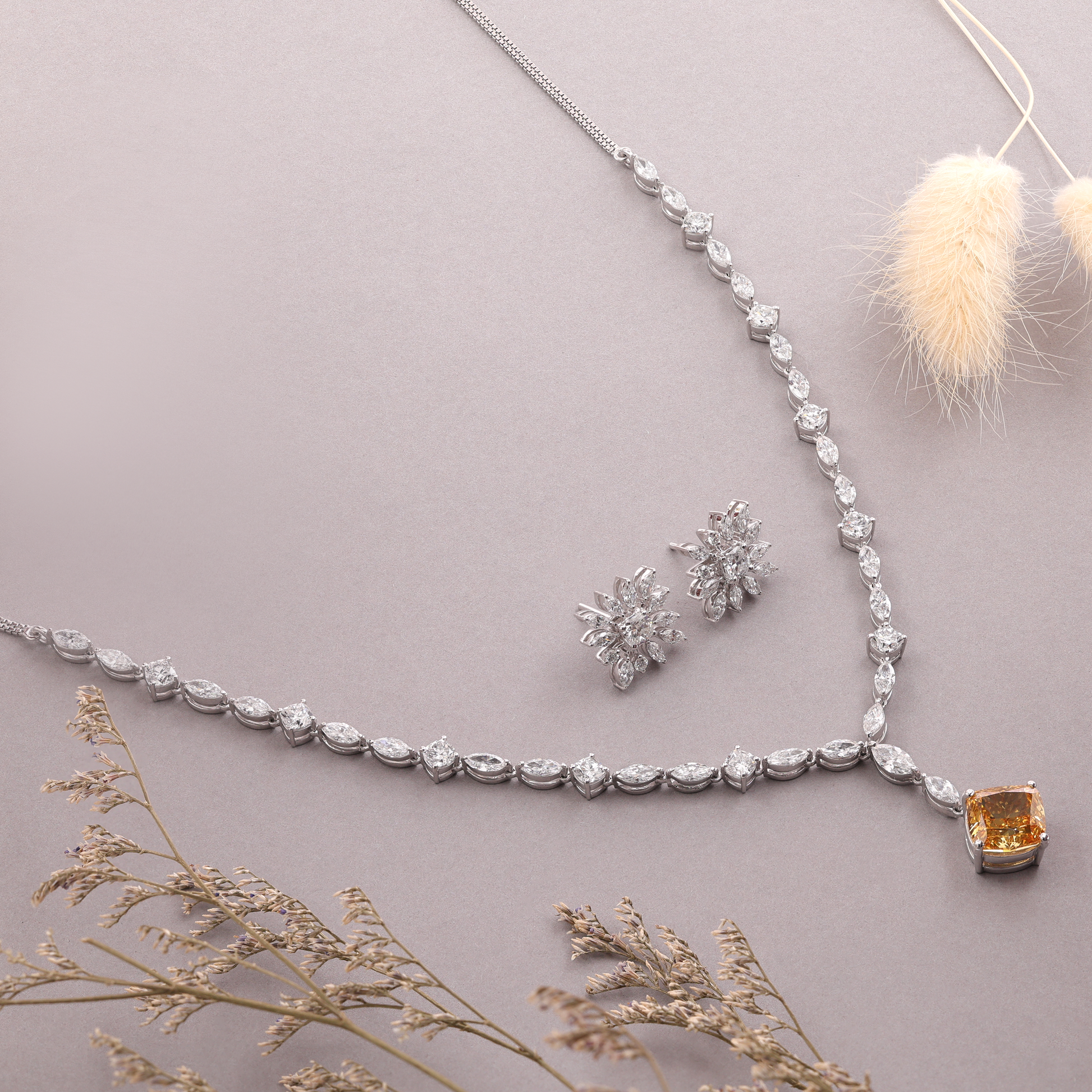 Cushion Yellow Diamond Flower Style Necklace