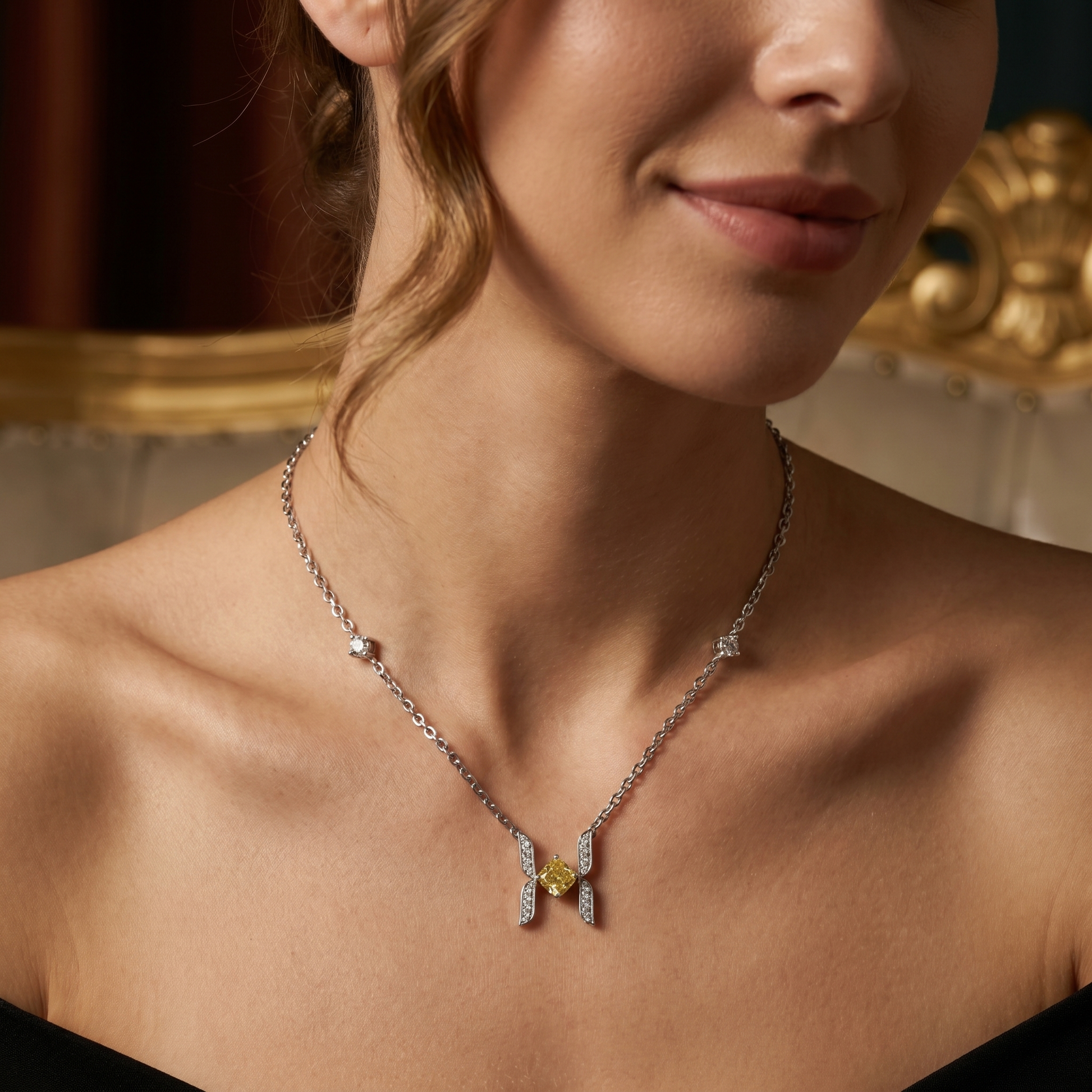 Had Jewell Yellow Cushion Cut Lab Diamond H-Frame  Pendant Station Bar Necklace