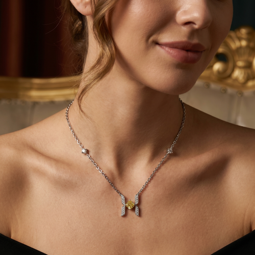 Had Jewell Yellow Cushion Cut Lab Diamond H-Frame  Pendant Station Bar Necklace