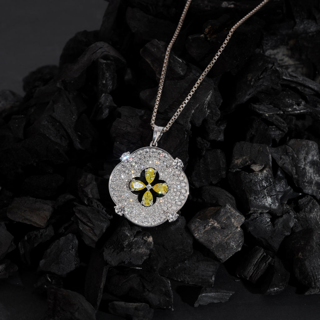 Yellow Pear Cut Lab Diamond Clover Floral Medallion Pendant