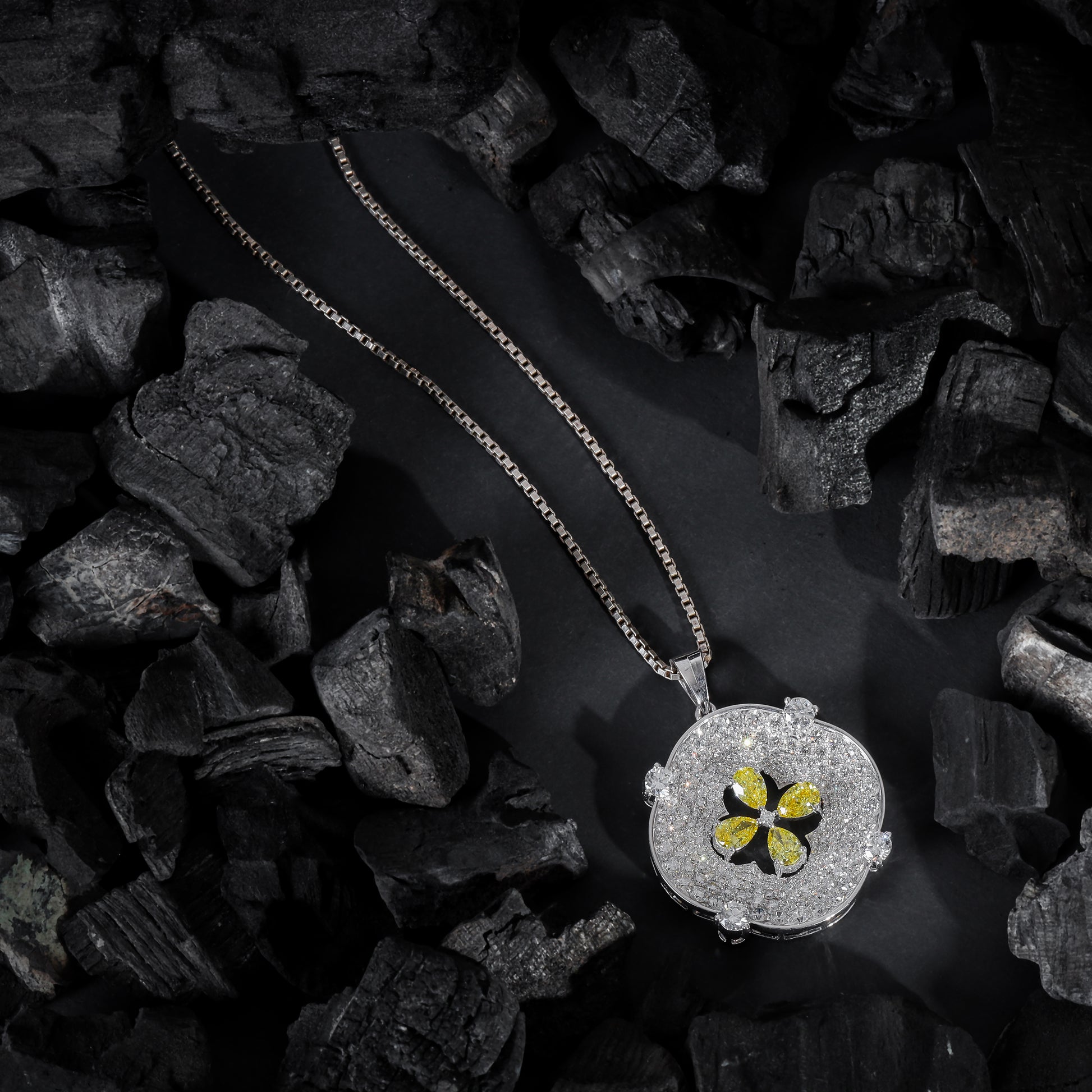 Yellow Pear Cut Lab Diamond Clover Floral Medallion Pendant