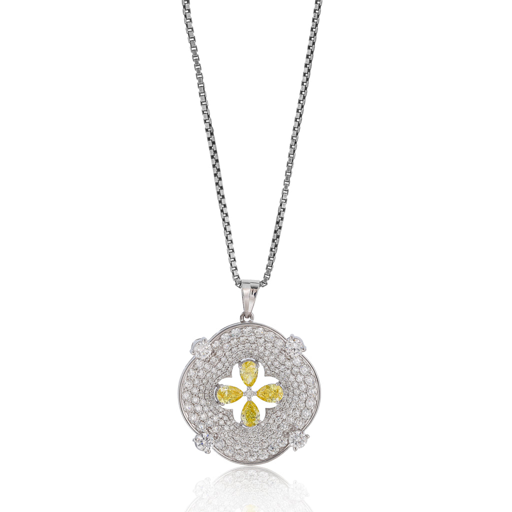 Yellow Pear Cut Lab Diamond Clover Floral Medallion Pendant
