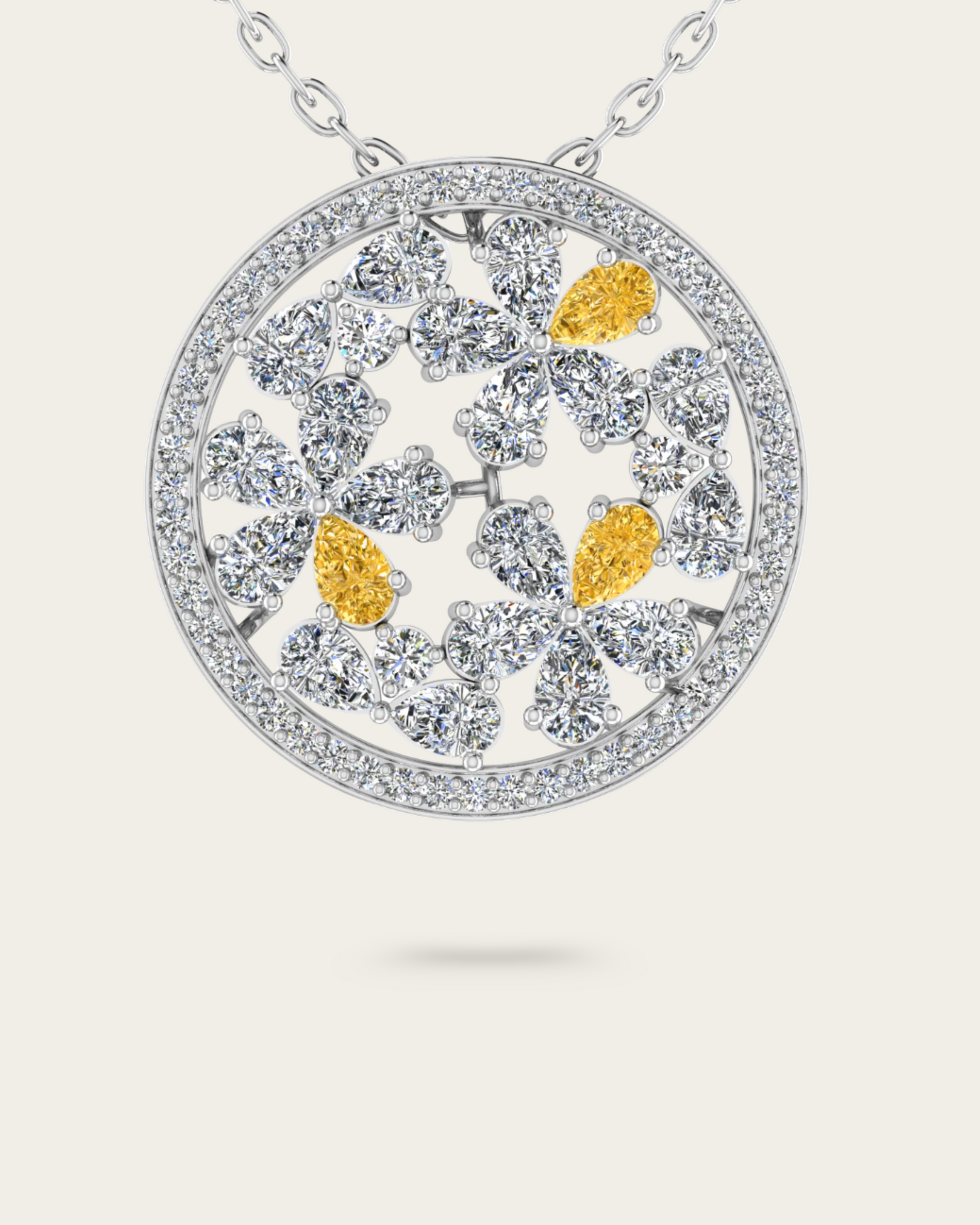 Round & Pear Cut Tri-color Floral Diamond Pendant
