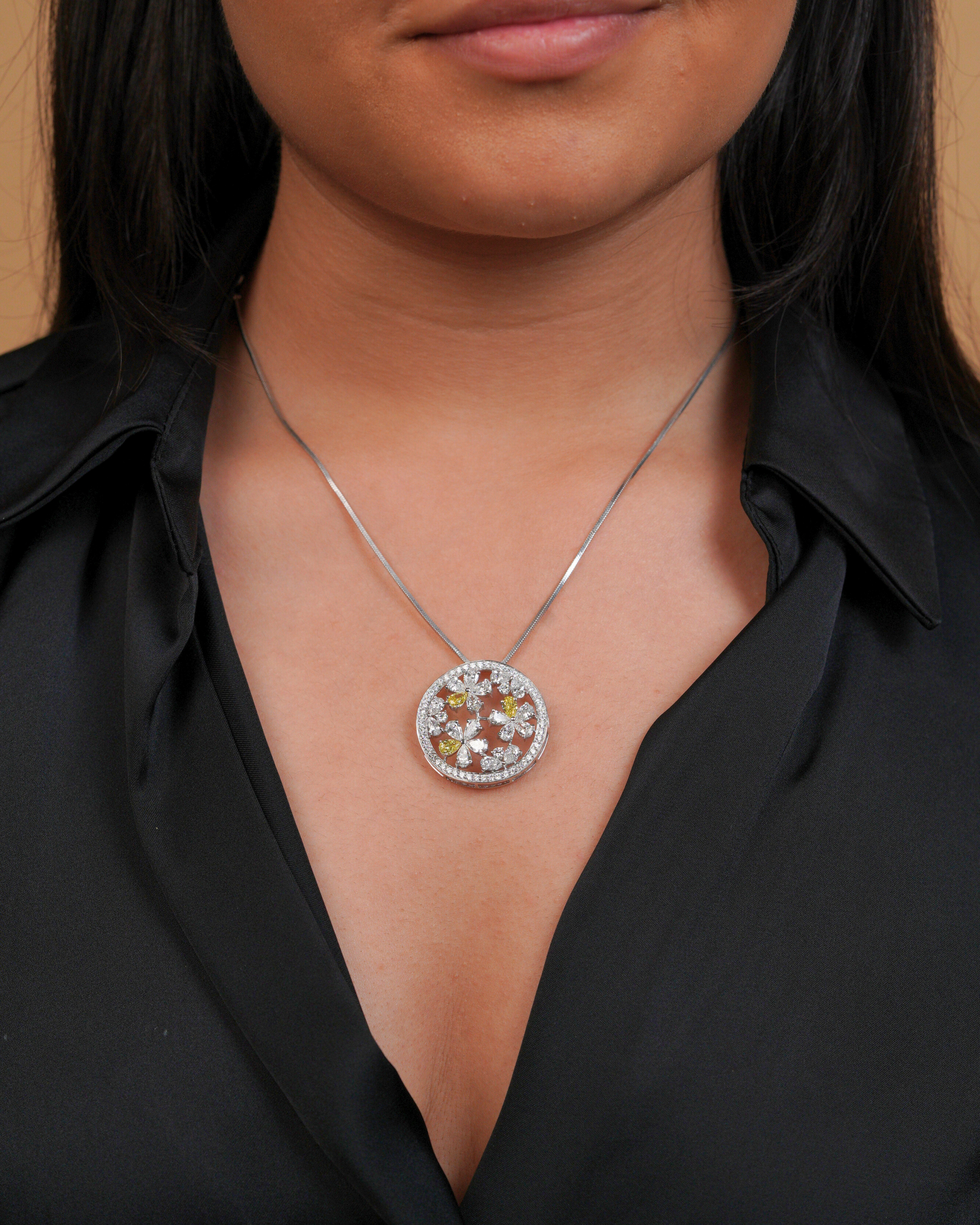 Round & Pear Cut Tri-color Floral Diamond Pendant