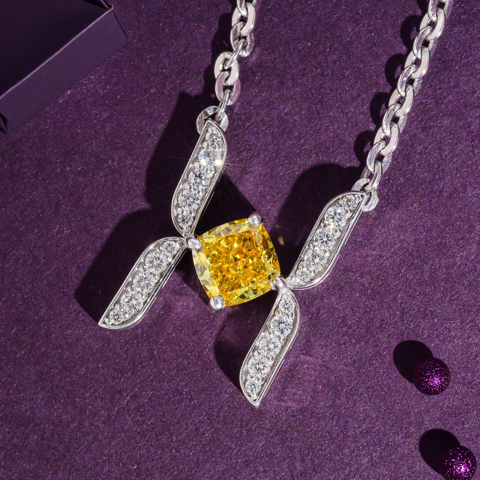 Had Jewell Yellow Cushion Cut Lab Diamond H-Frame  Pendant Station Bar Necklace