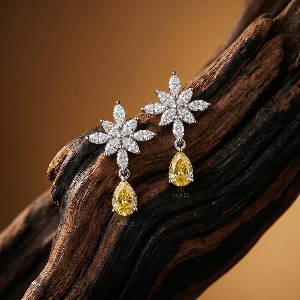 Marquise Lab Diamond Snowflake Earrings with Pear Yellow Drop