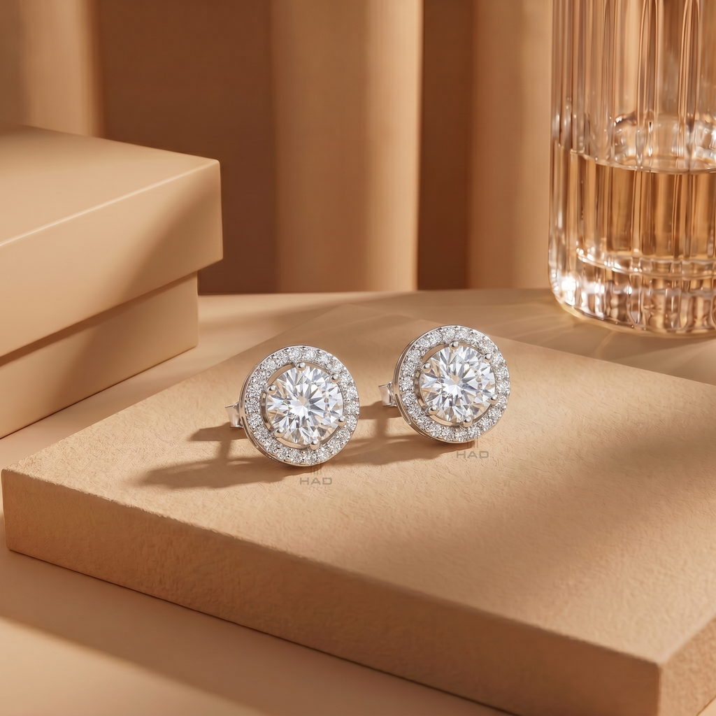 Round Brilliant Cut Lab Diamond Halo Stud Earrings