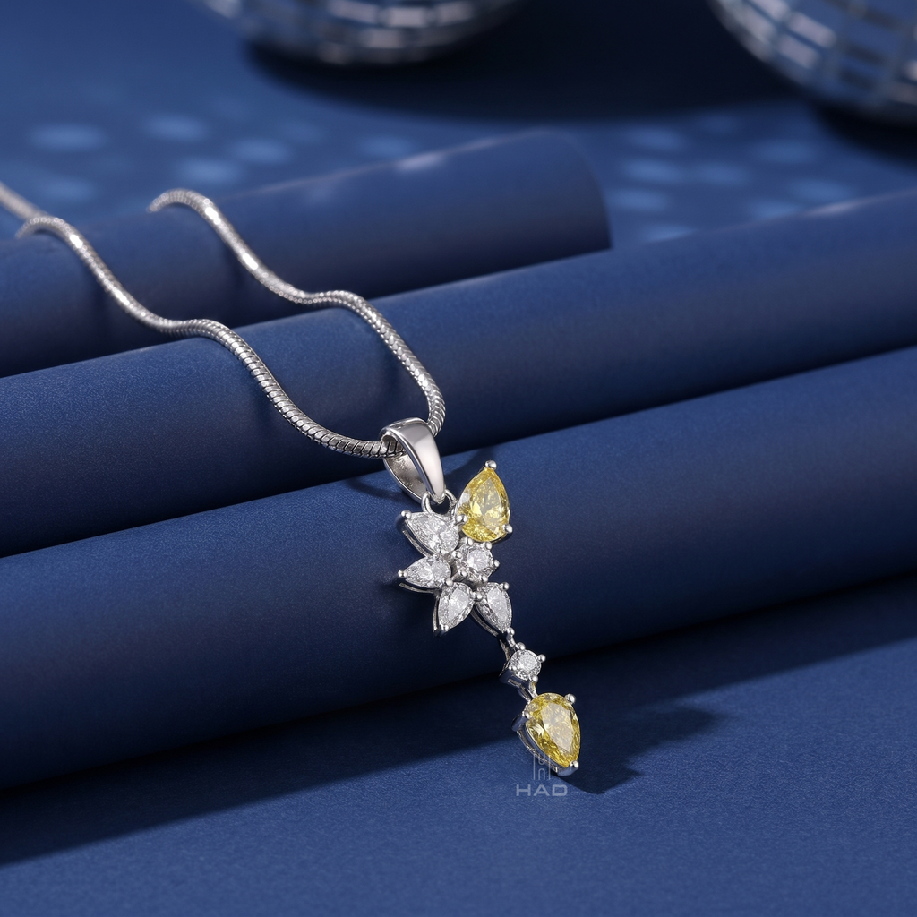 Pear Cut Yellow Lab Diamond Leaf Cluster Drop Pendant