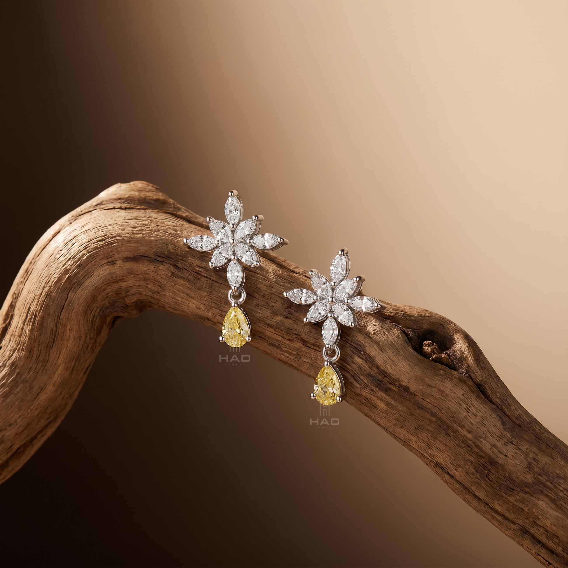 Marquise Lab Diamond Snowflake Earrings with Pear Yellow Drop
