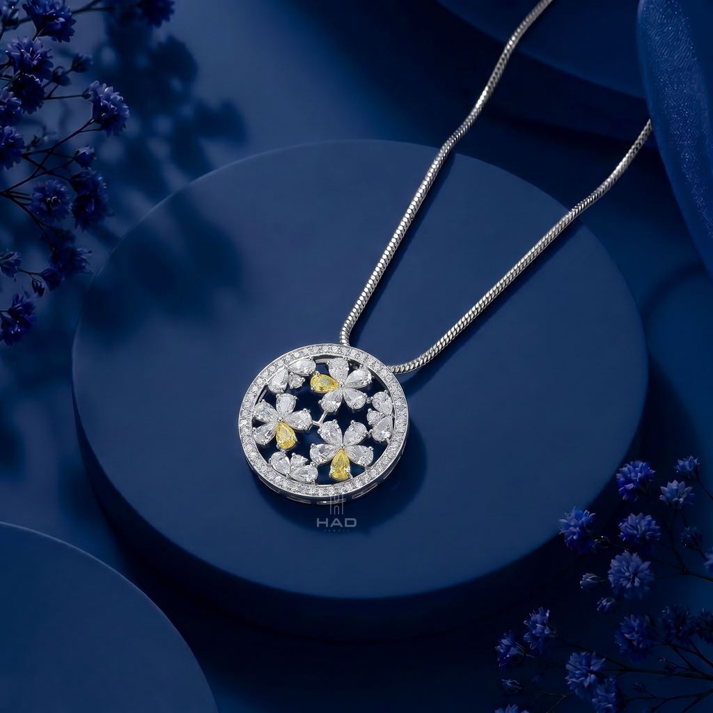 Three Yellow Pear & Round Lab Diamond Floral Disc Pendant