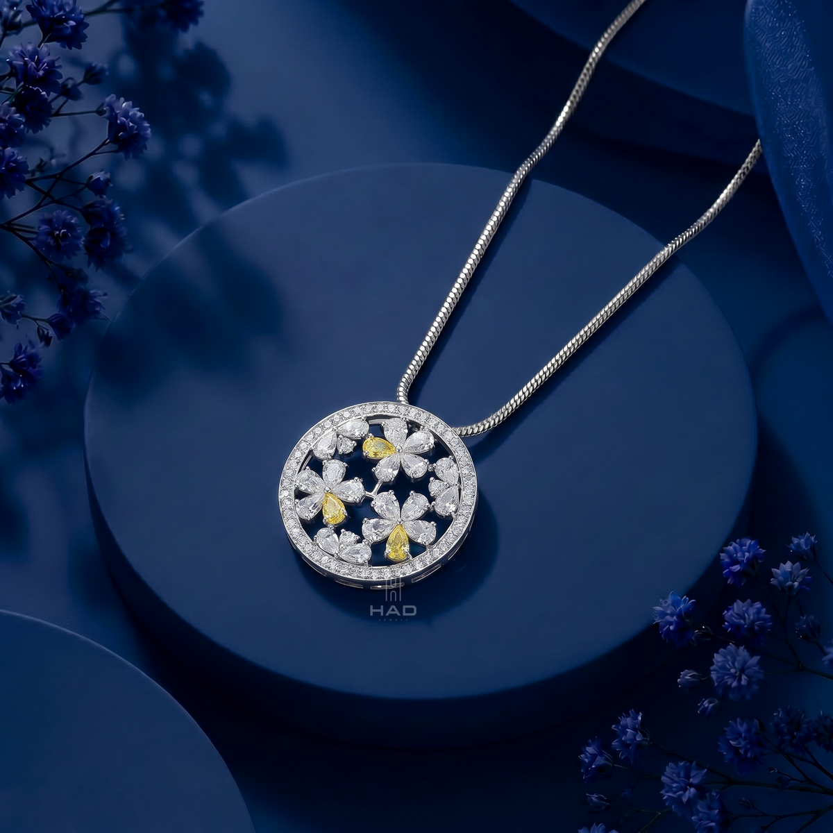 Three Yellow Pear & Round Lab Diamond Floral Disc Pendant
