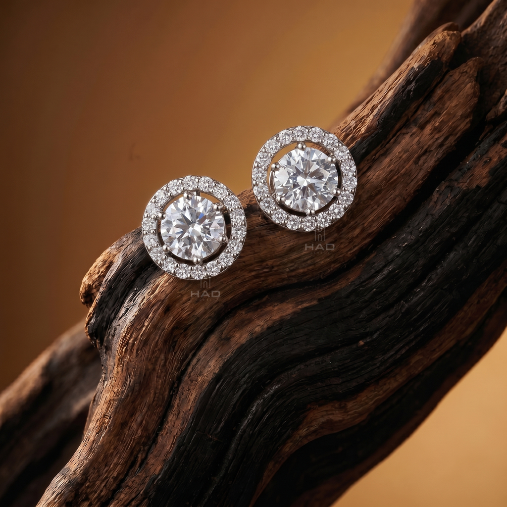 Round Brilliant Cut Lab Diamond Halo Stud Earrings