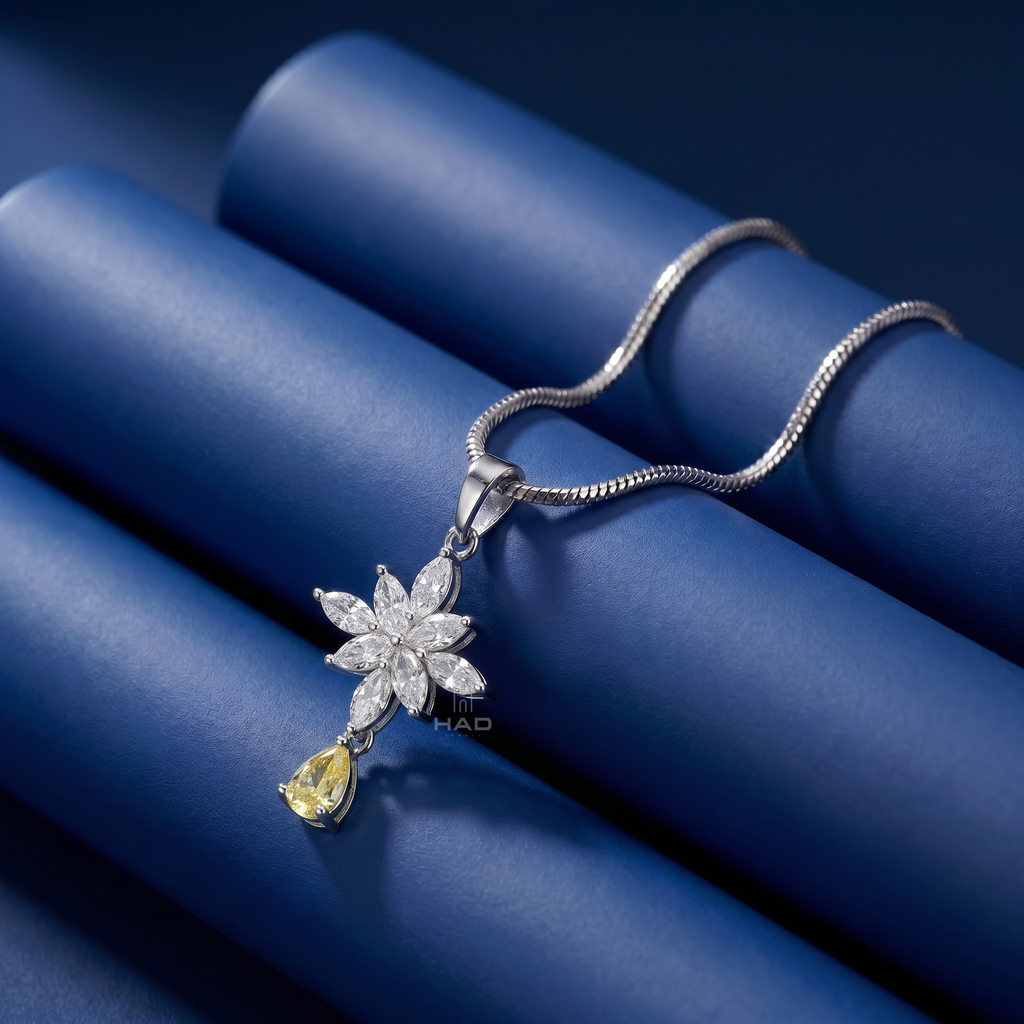 Lab Diamond Snowflake Cross Pendant with Pear Cut Yellow Diamond Drop
