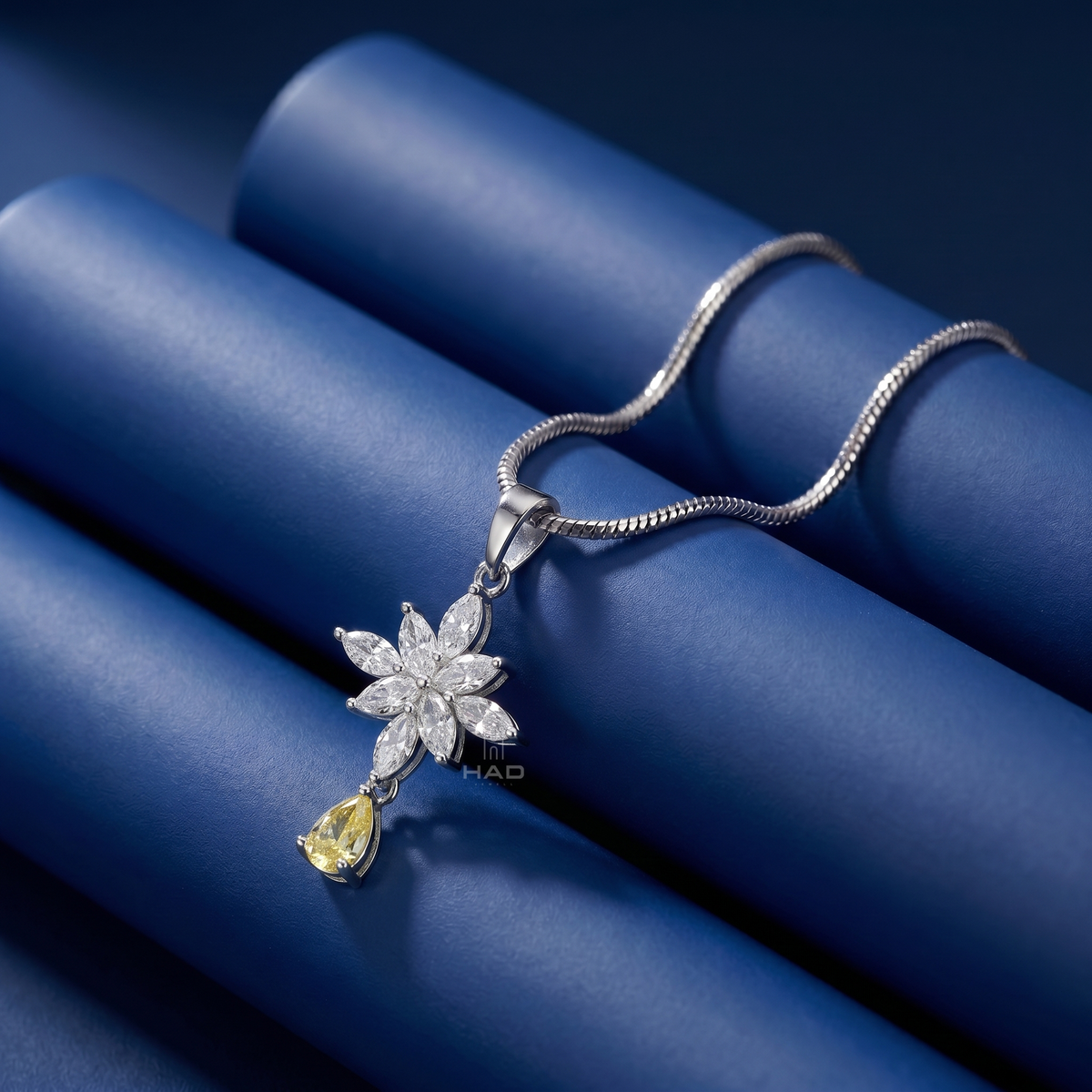 Lab Diamond Snowflake Cross Pendant with Pear Cut Yellow Diamond Drop