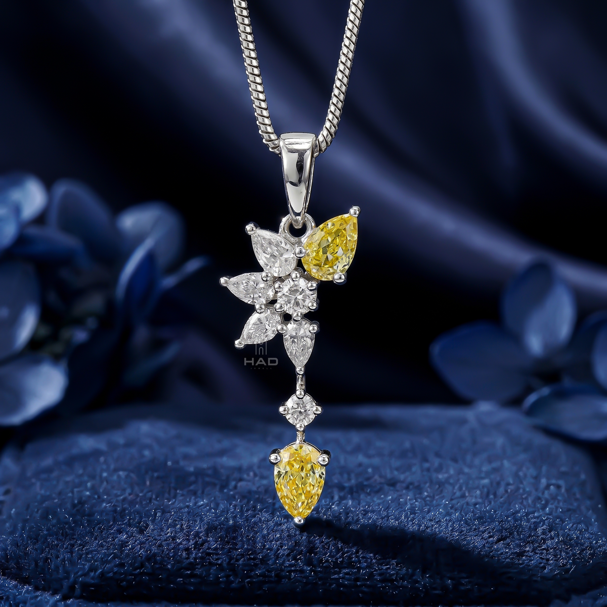Pear Cut Yellow Lab Diamond Leaf Cluster Drop Pendant