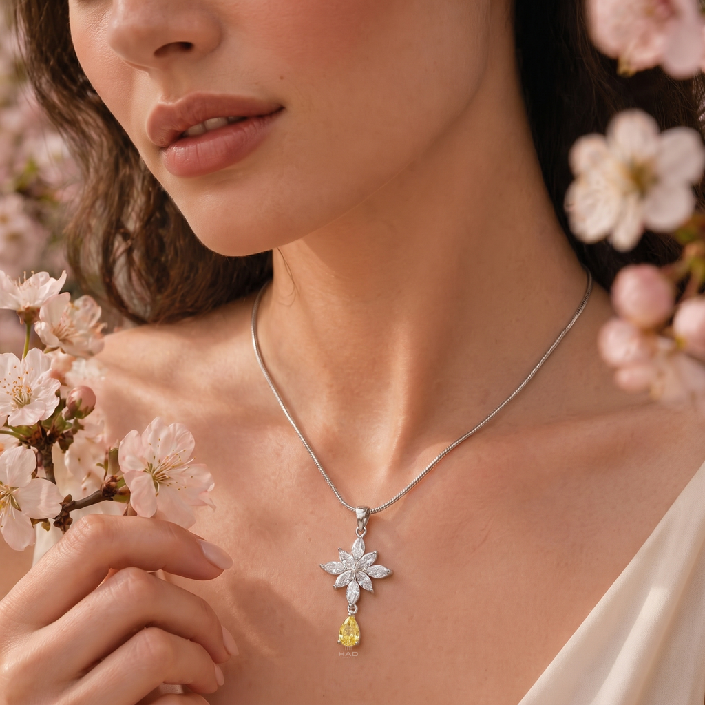 Lab Diamond Snowflake Cross Pendant with Pear Cut Yellow Diamond Drop