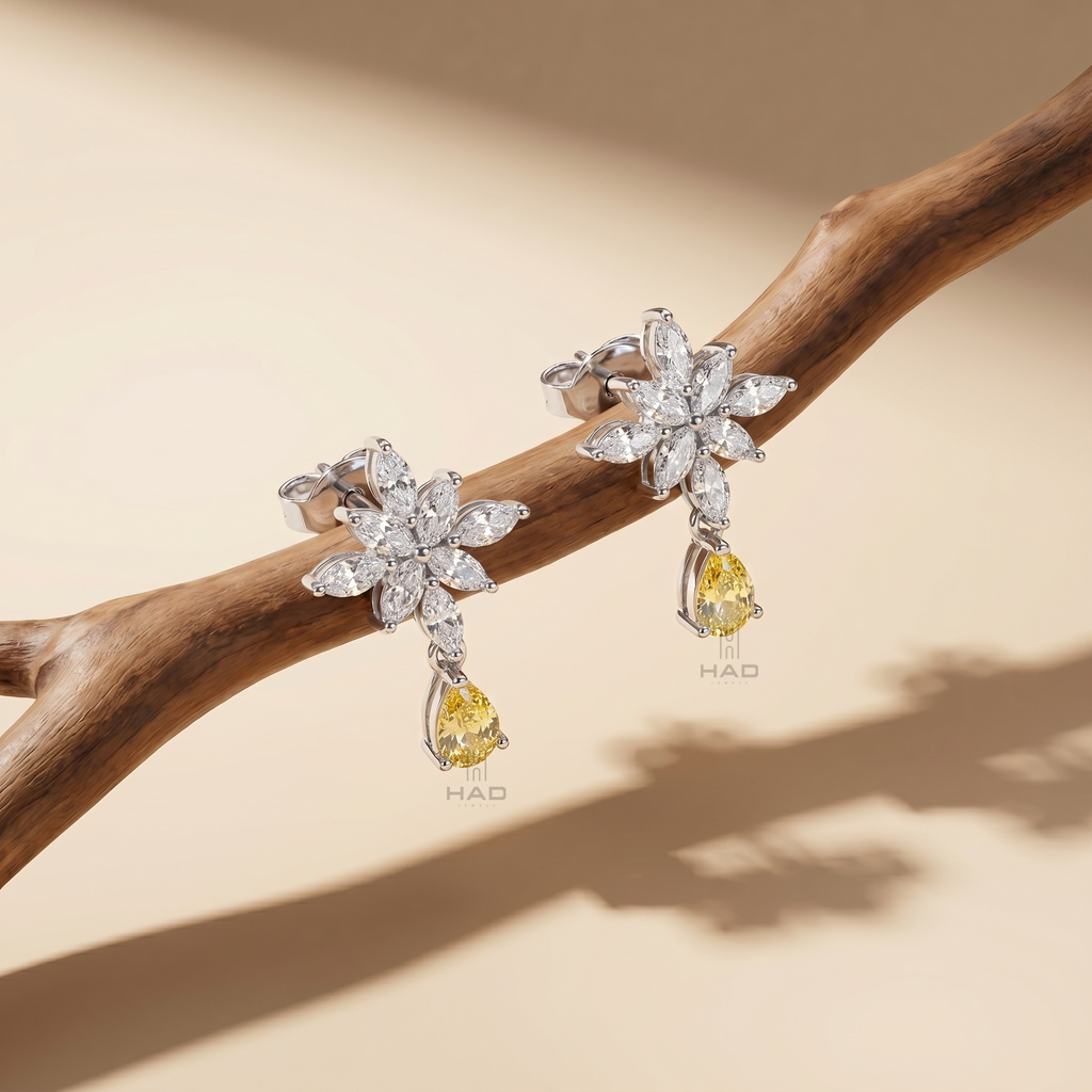 Marquise Lab Diamond Snowflake Earrings with Pear Yellow Drop