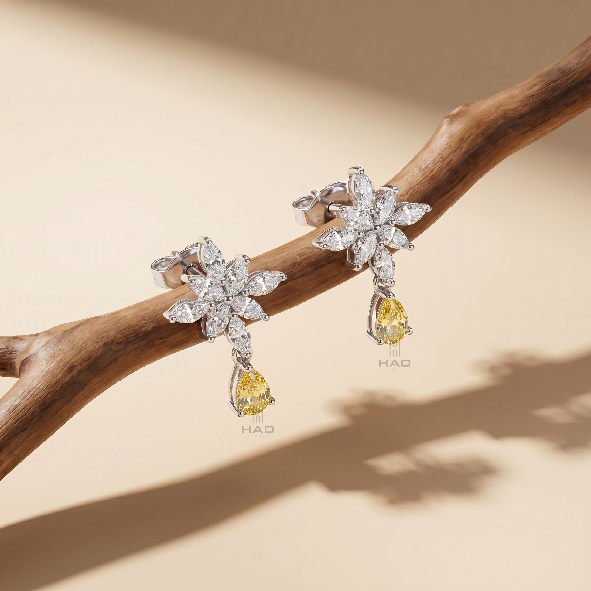 Marquise Lab Diamond Snowflake Earrings with Pear Yellow Drop