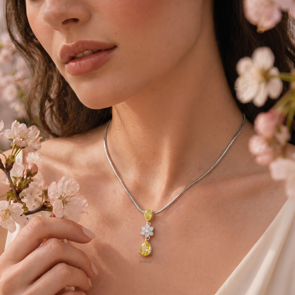 Pear Cut Yellow Lab Diamond Round Snowflake Drop Pendant