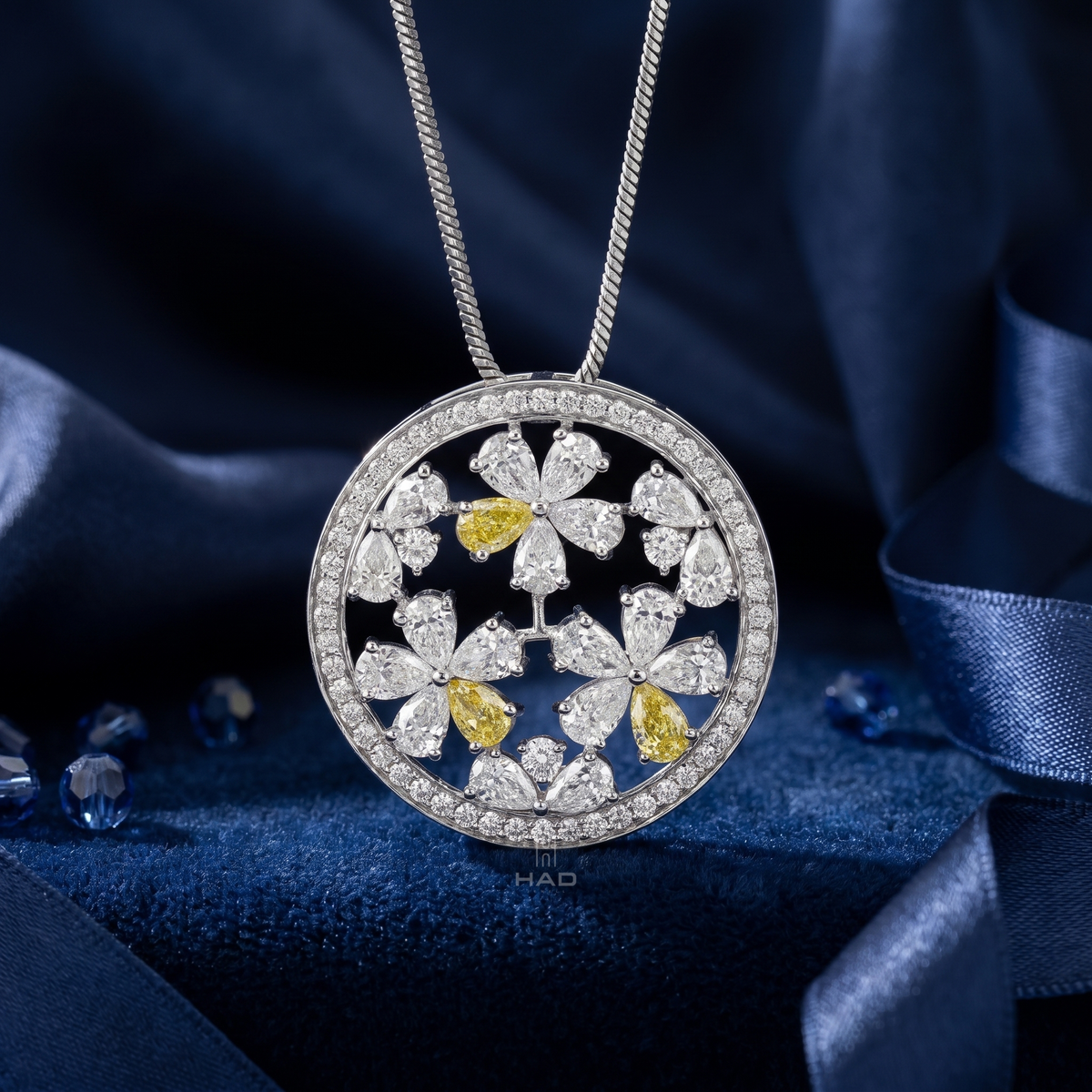 Three Yellow Pear & Round Lab Diamond Floral Disc Pendant