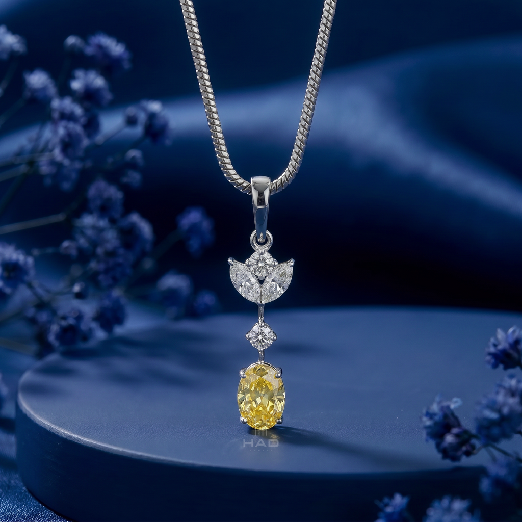 Lab Diamond Cluster Pendant with Oval Cut Yellow Diamond Drop