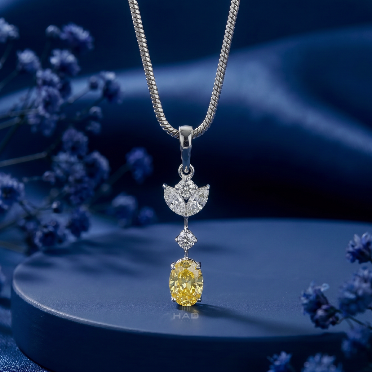 Lab Diamond Cluster Pendant with Oval Cut Yellow Diamond Drop