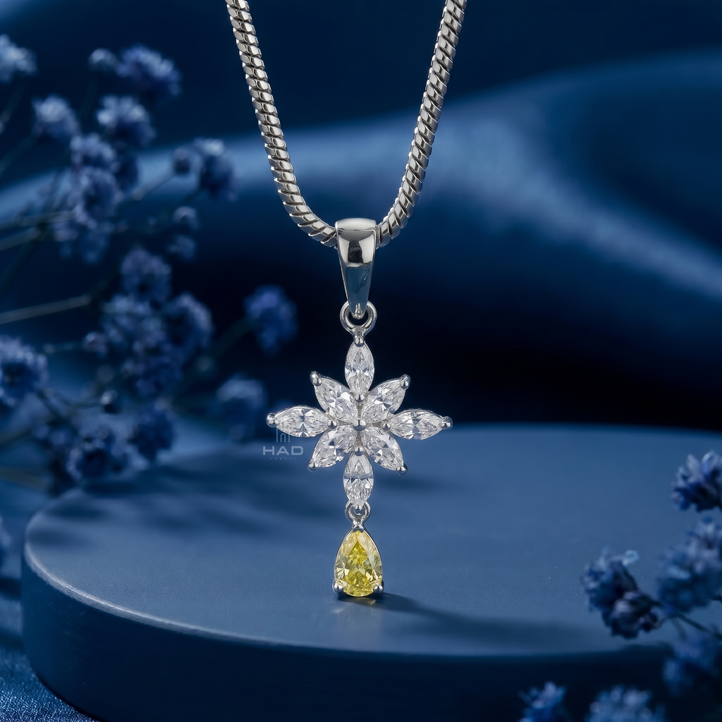 Lab Diamond Snowflake Cross Pendant with Pear Cut Yellow Diamond Drop