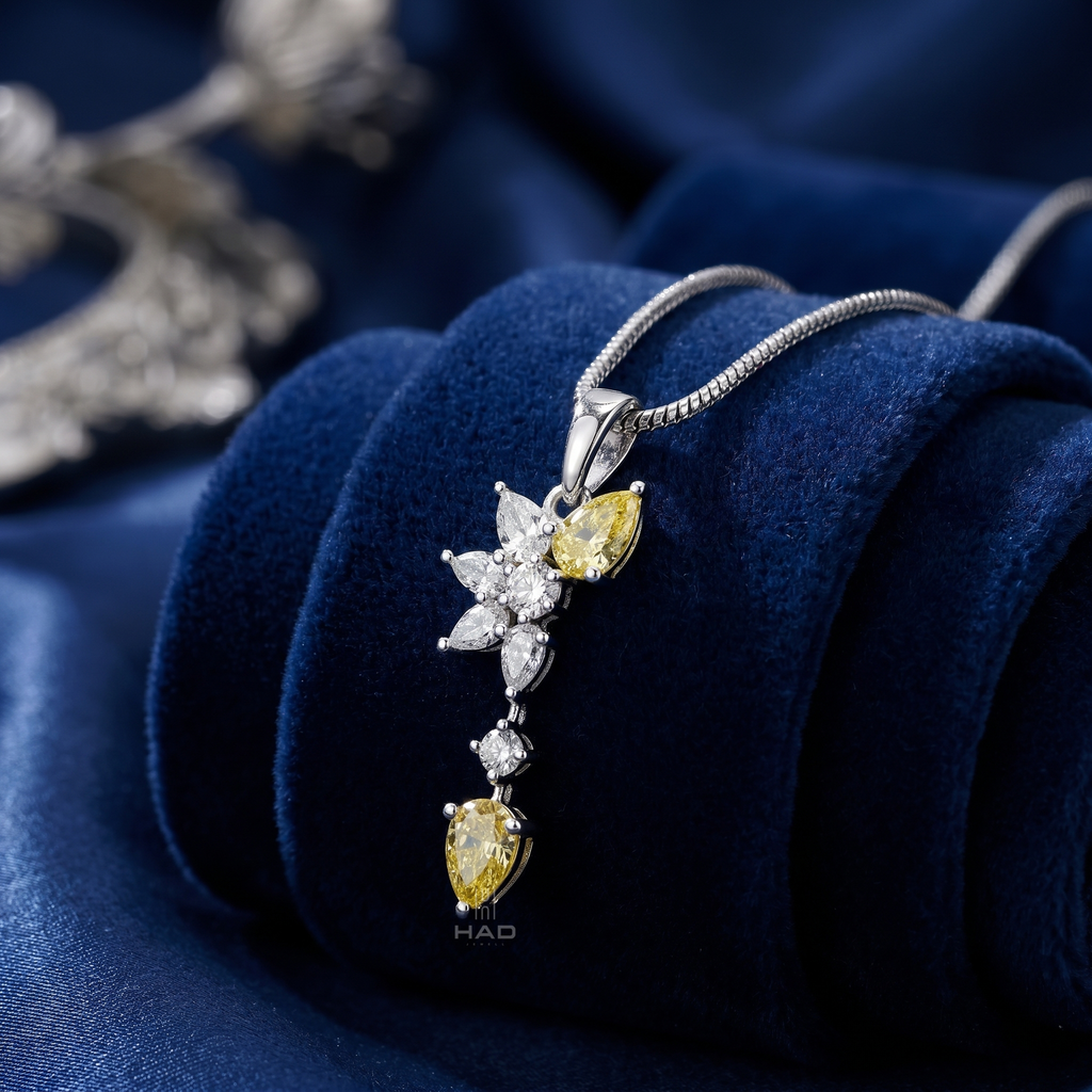 Pear Cut Yellow Lab Diamond Leaf Cluster Drop Pendant