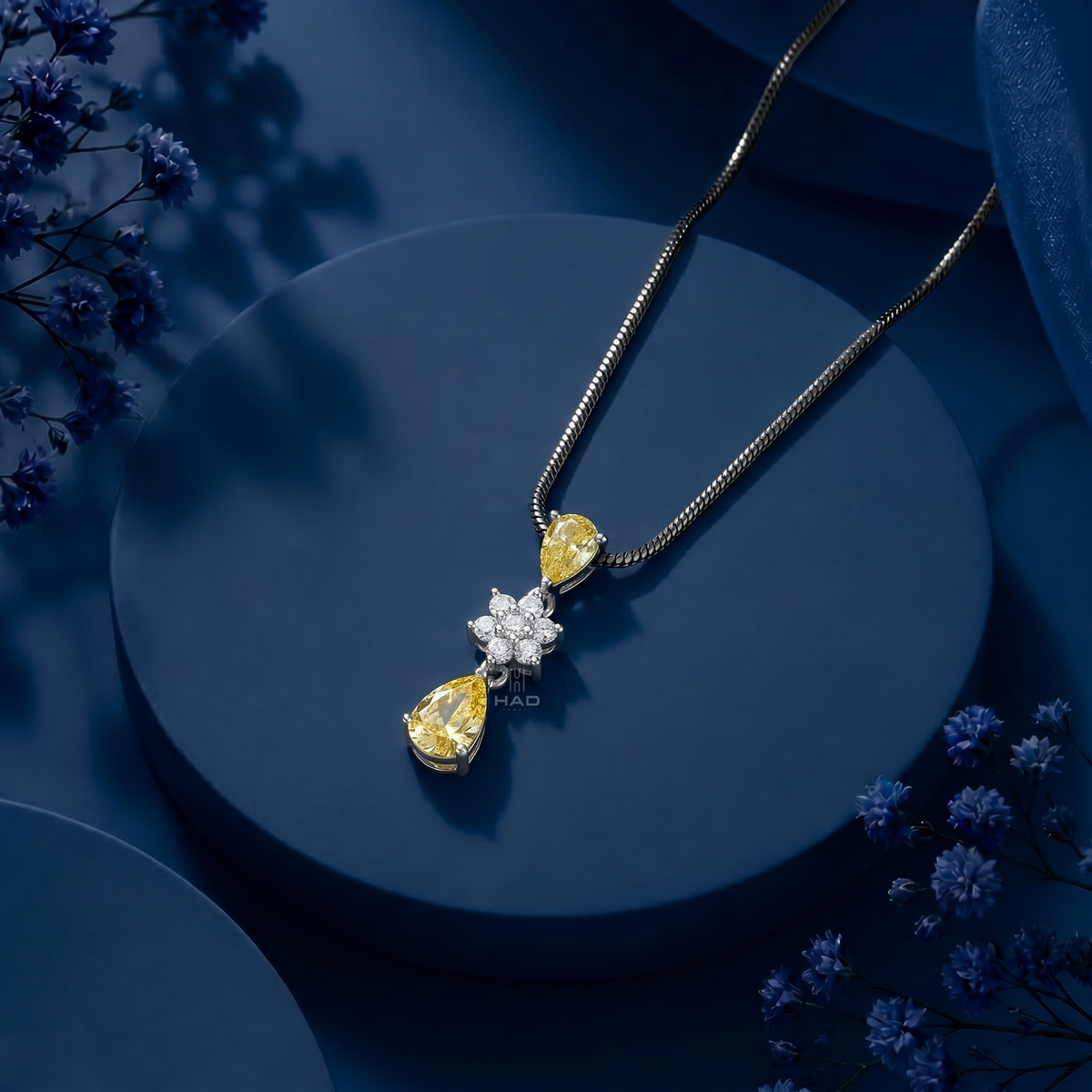 Pear Cut Yellow Lab Diamond Round Snowflake Drop Pendant