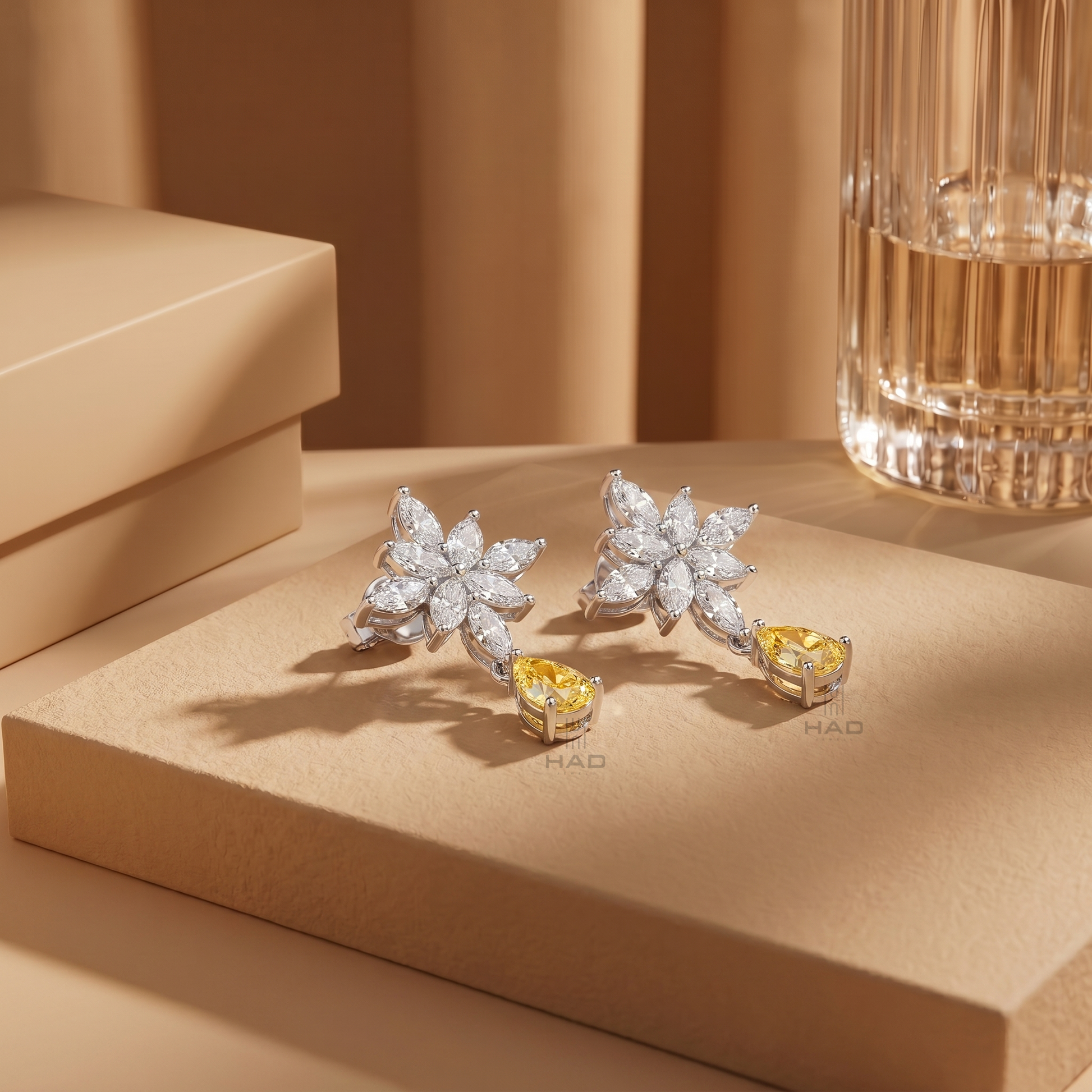 Marquise Lab Diamond Snowflake Earrings with Pear Yellow Drop