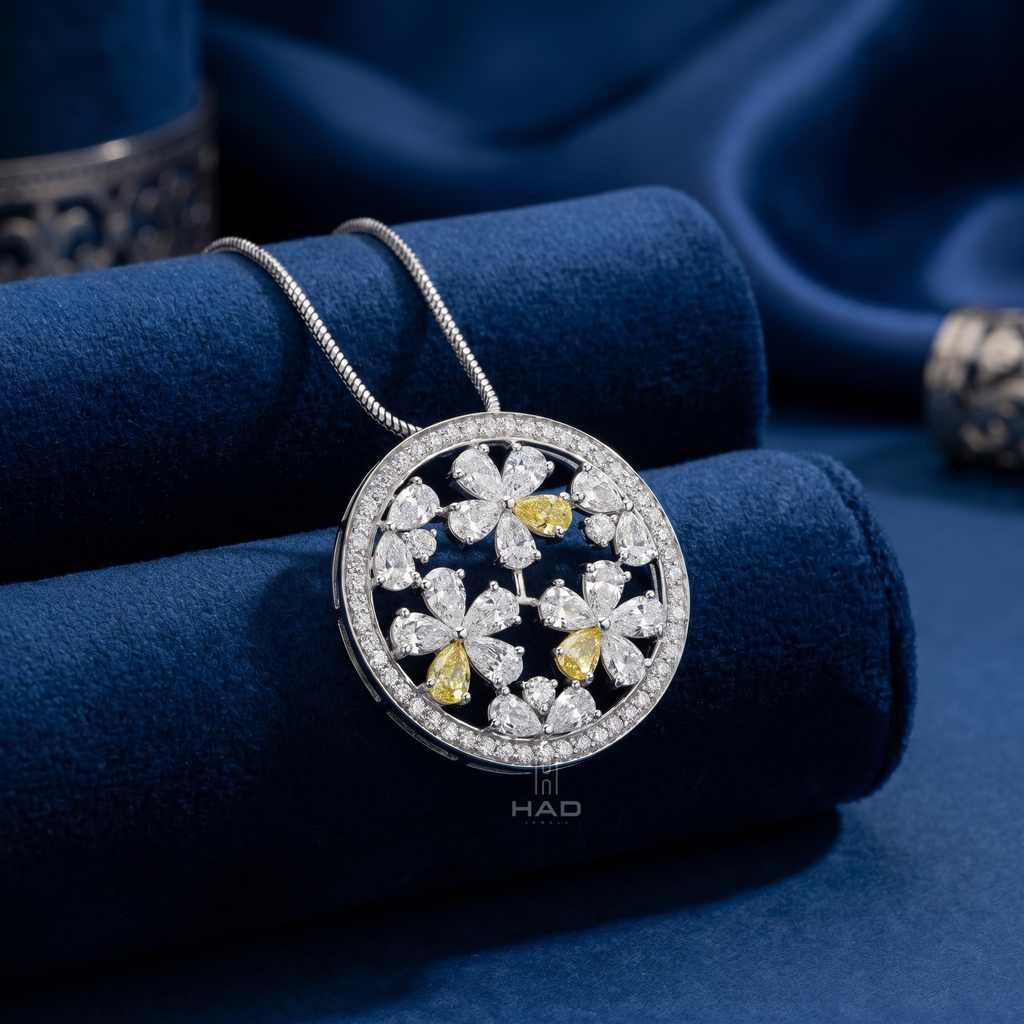 Three Yellow Pear & Round Lab Diamond Floral Disc Pendant