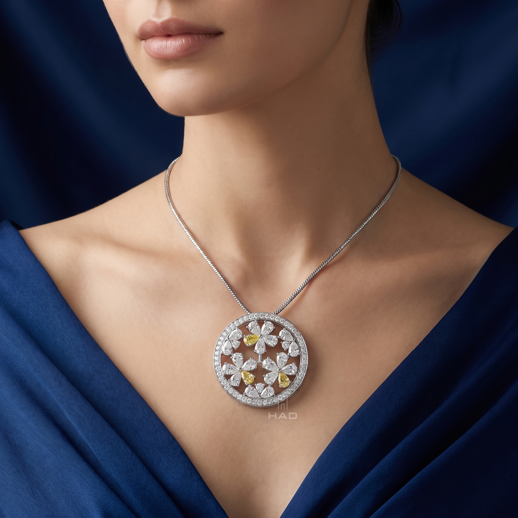 Three Yellow Pear & Round Lab Diamond Floral Disc Pendant