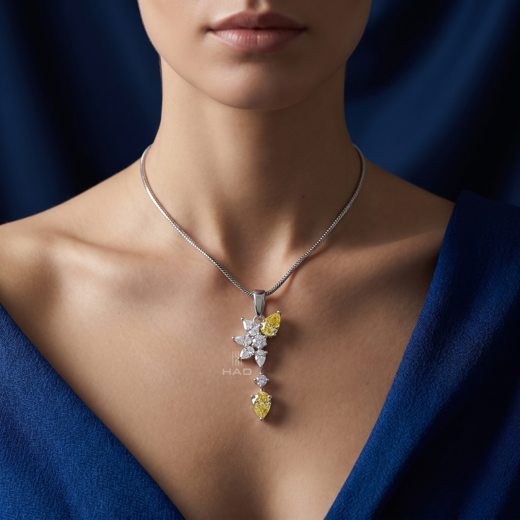 Pear Cut Yellow Lab Diamond Leaf Cluster Drop Pendant