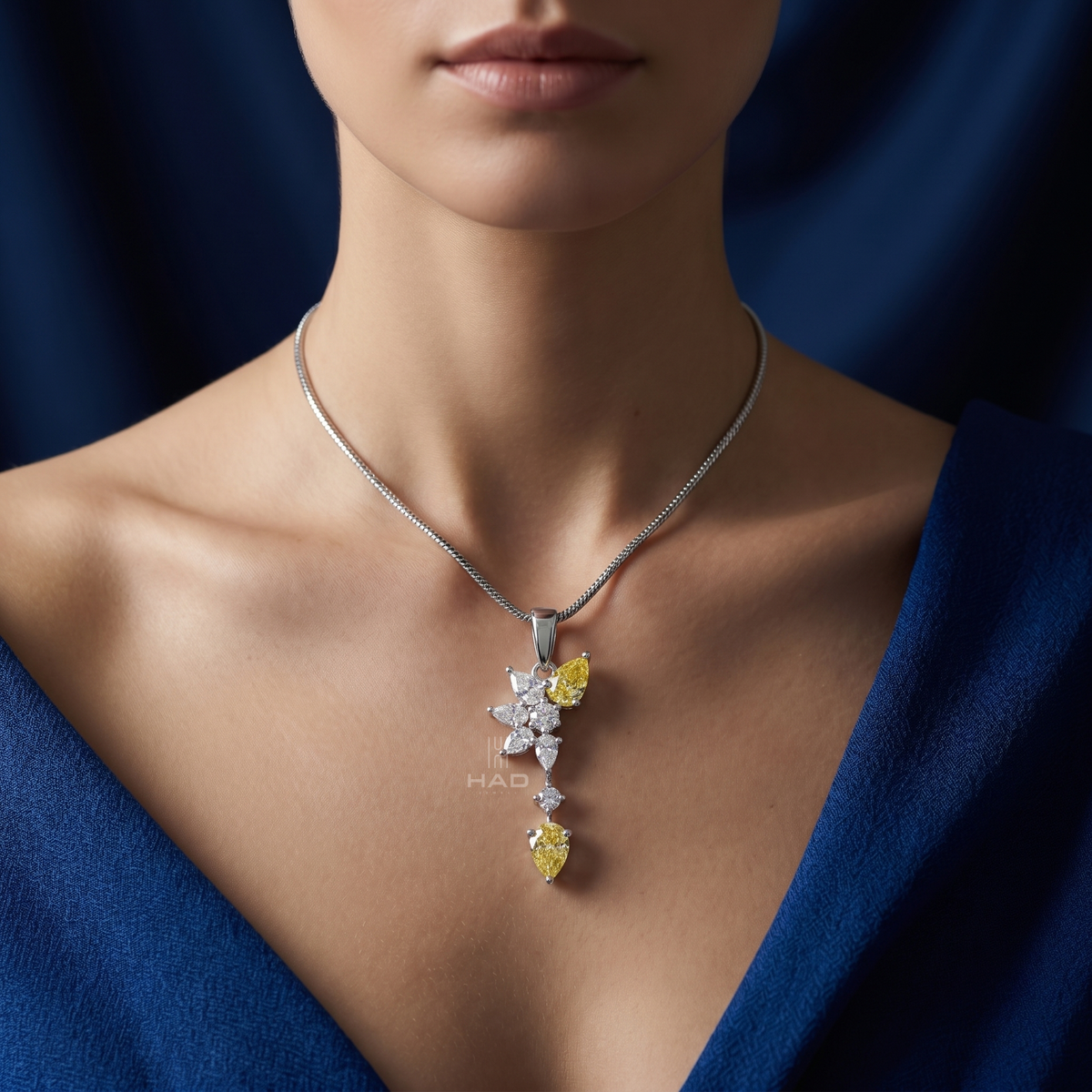 Pear Cut Yellow Lab Diamond Leaf Cluster Drop Pendant
