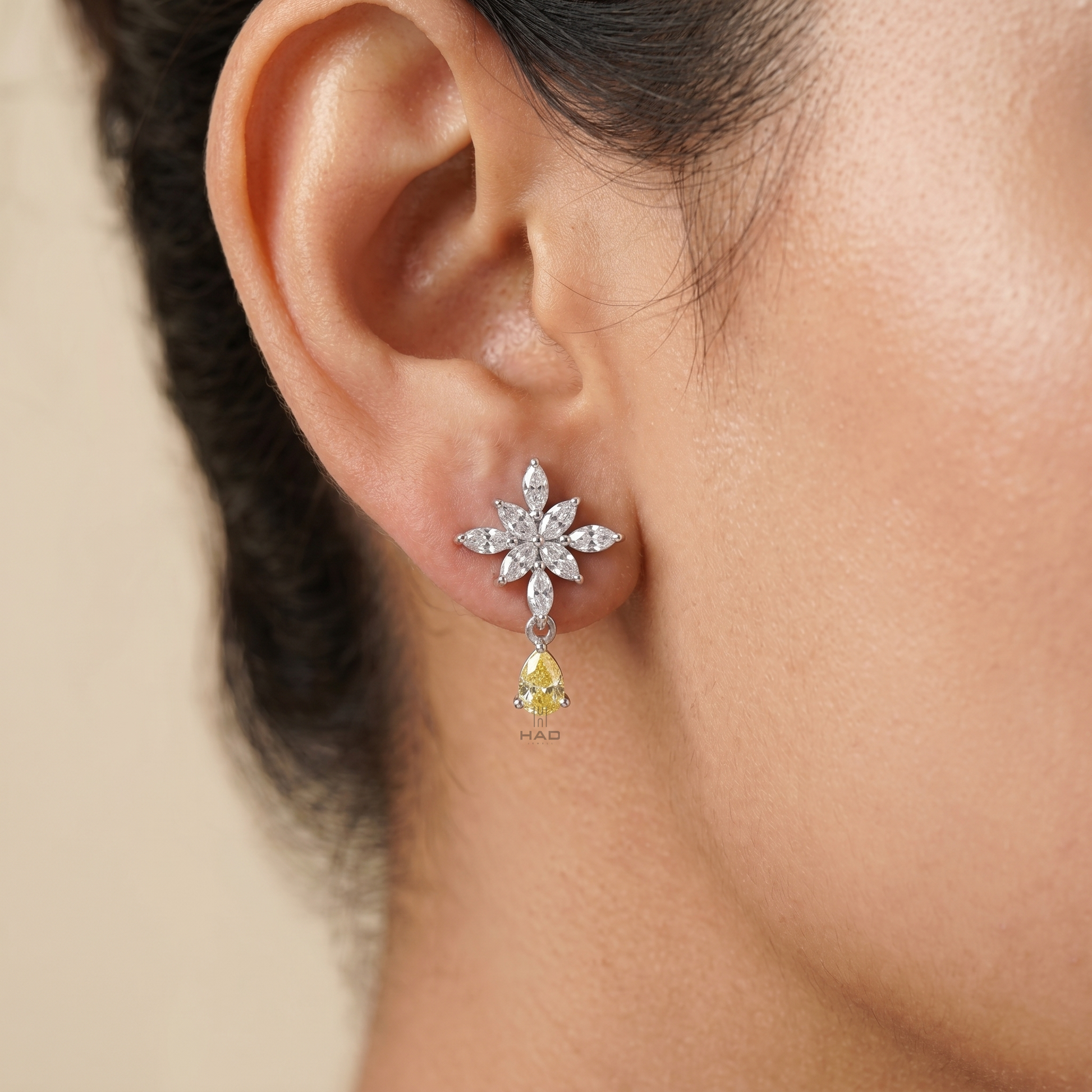 Marquise Lab Diamond Snowflake Earrings with Pear Yellow Drop
