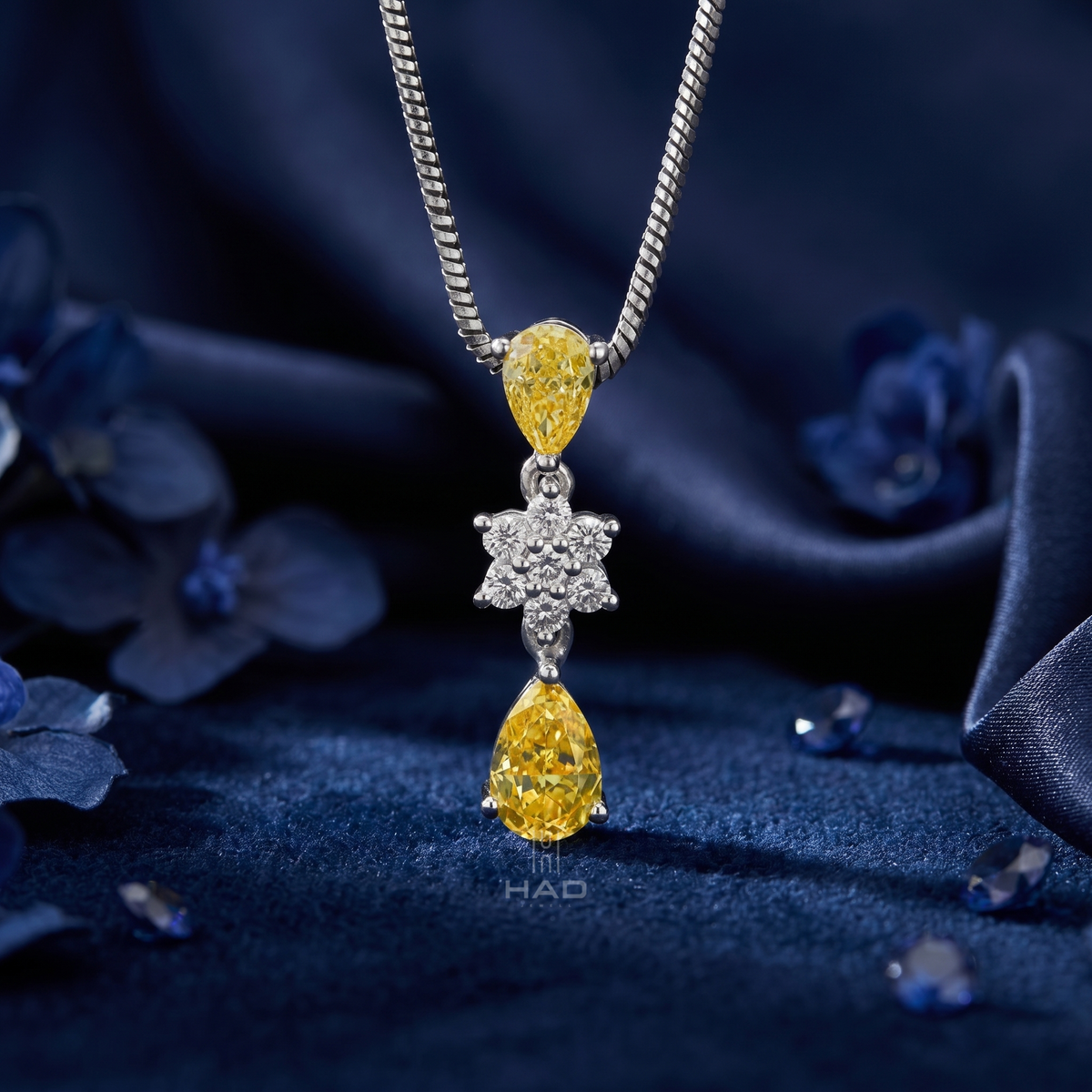 Pear Cut Yellow Lab Diamond Round Snowflake Drop Pendant