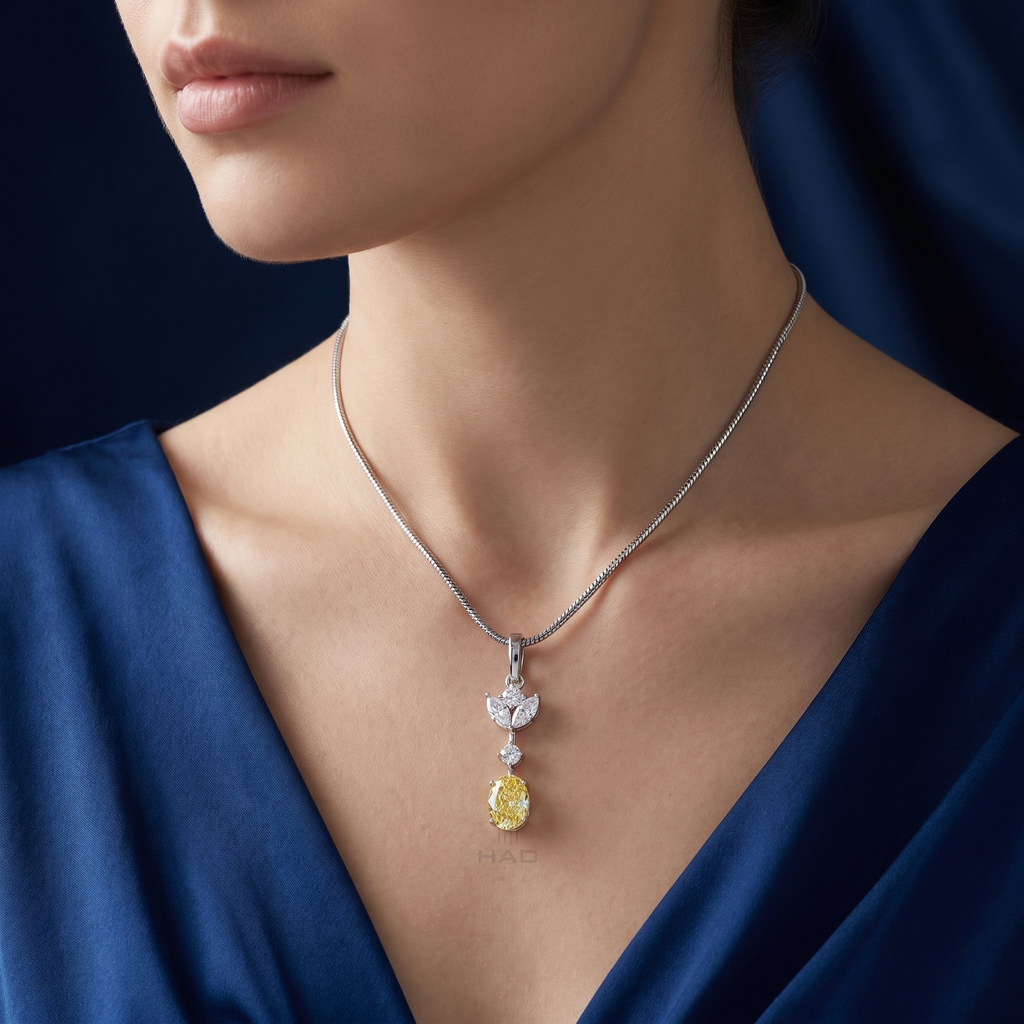 Lab Diamond Cluster Pendant with Oval Cut Yellow Diamond Drop
