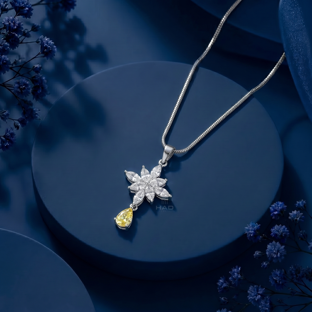 Lab Diamond Snowflake Cross Pendant with Pear Cut Yellow Diamond Drop