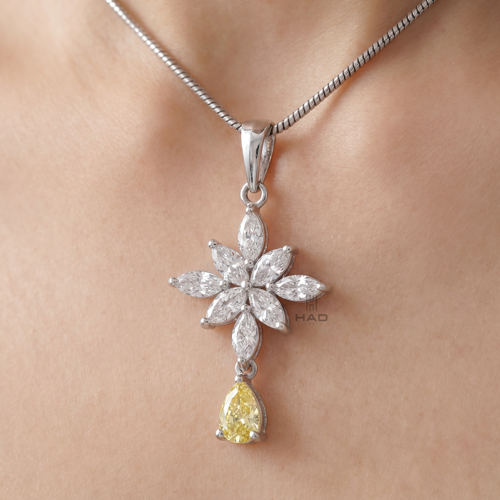 Lab Diamond Snowflake Cross Pendant with Pear Cut Yellow Diamond Drop