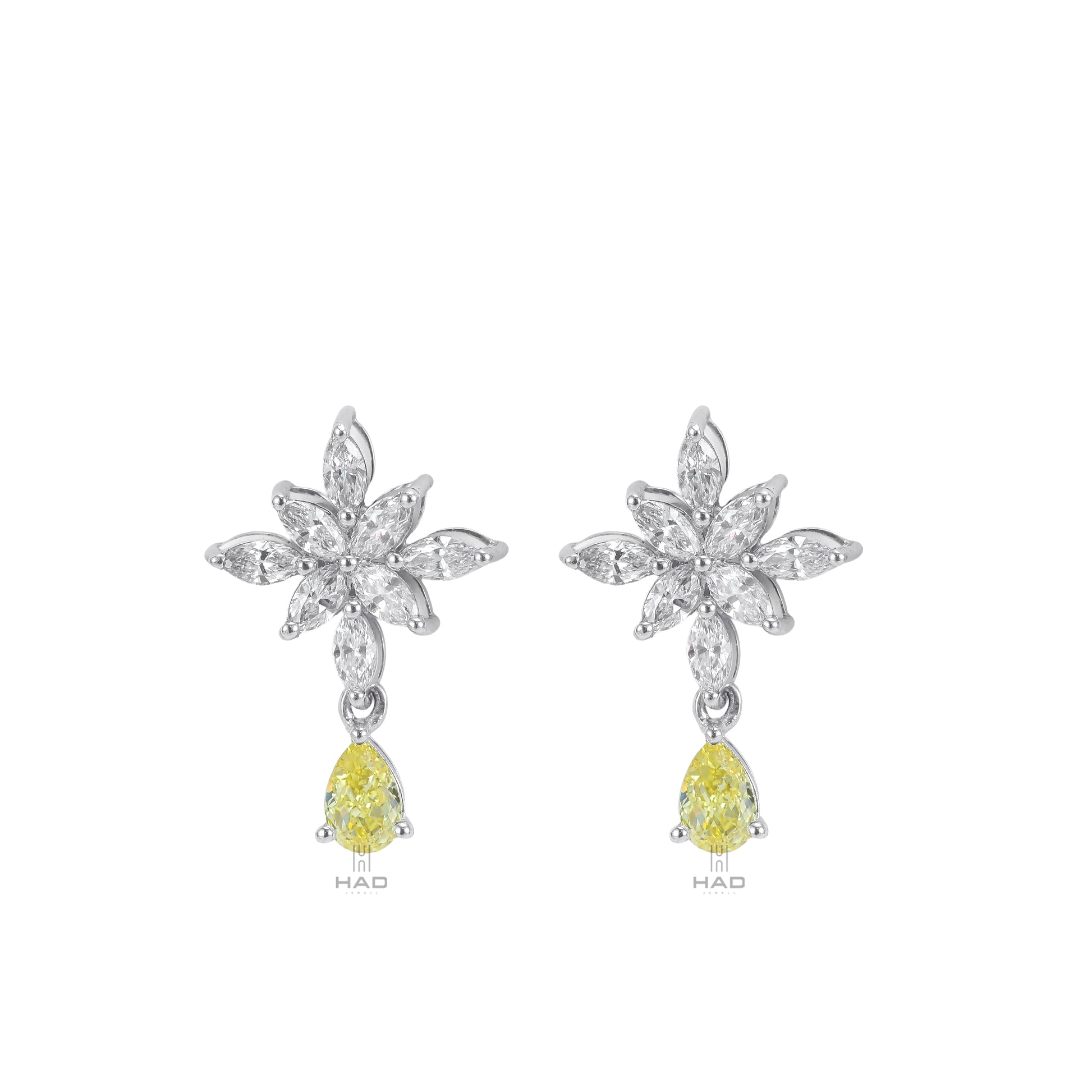 Marquise Lab Diamond Snowflake Earrings with Pear Yellow Drop