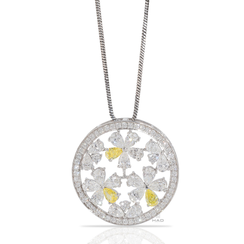Three Yellow Pear & Round Lab Diamond Floral Disc Pendant