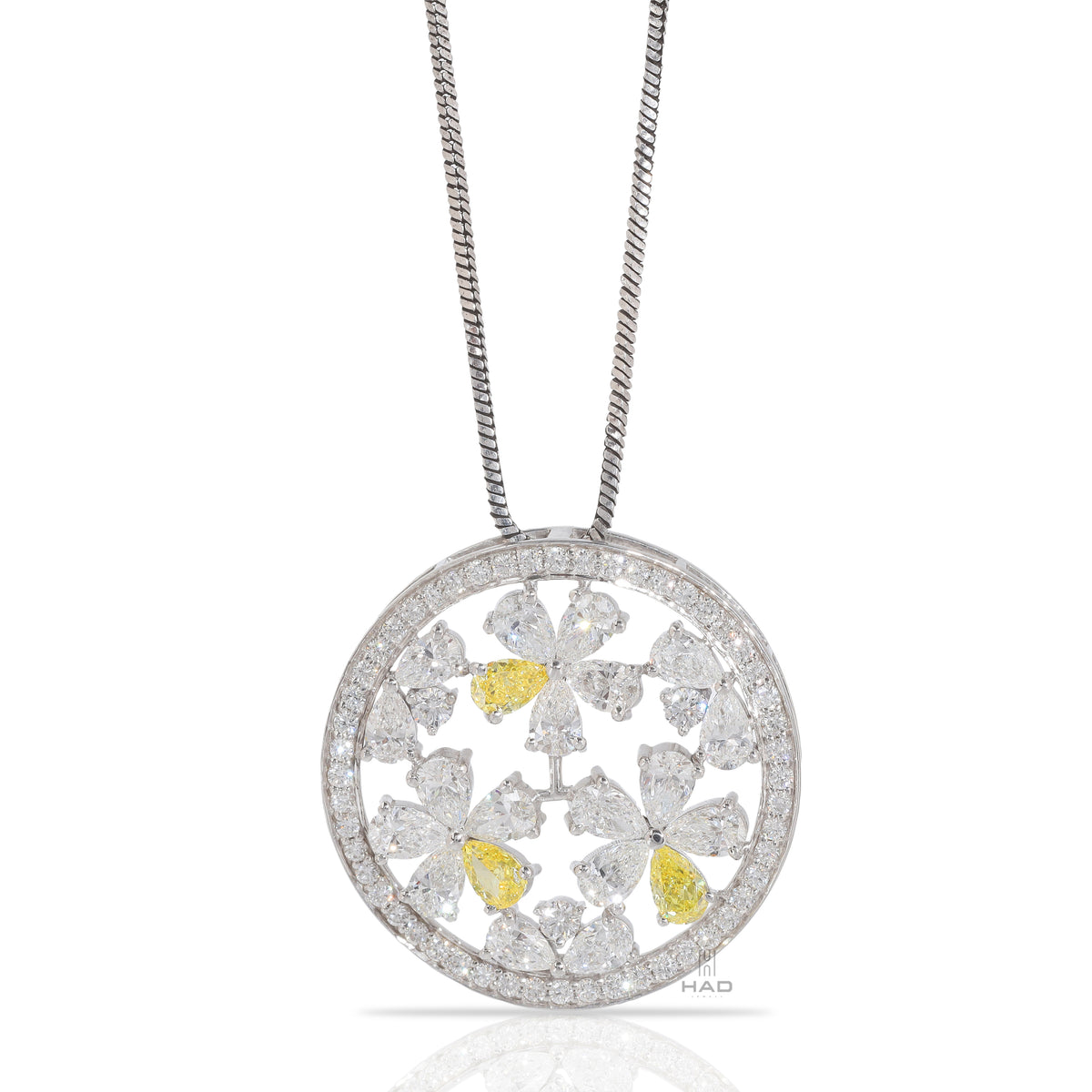 Three Yellow Pear & Round Lab Diamond Floral Disc Pendant