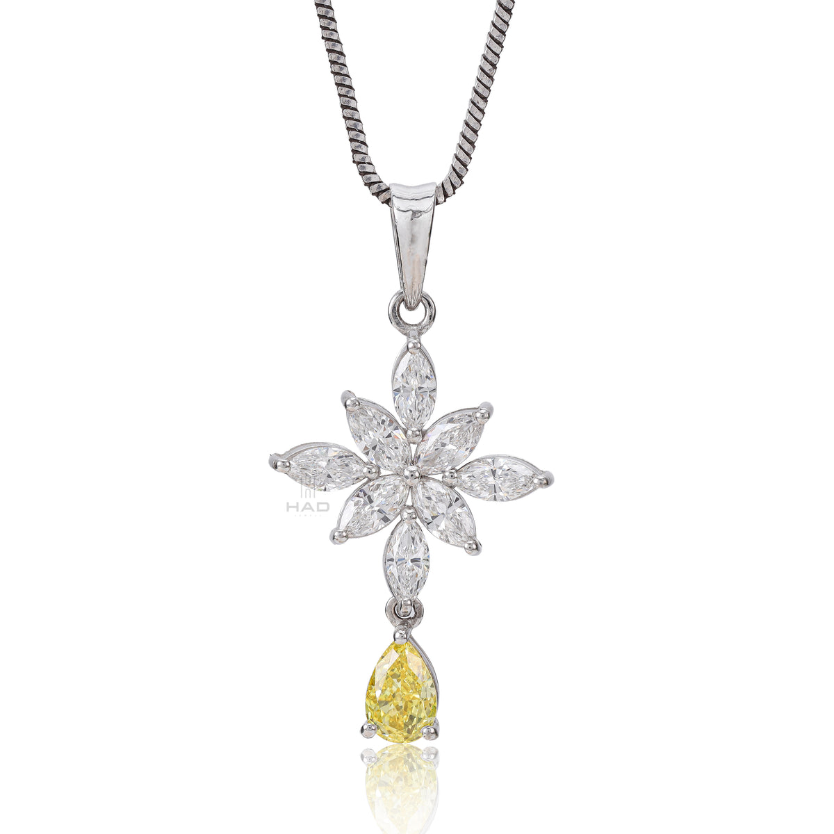 Lab Diamond Snowflake Cross Pendant with Pear Cut Yellow Diamond Drop
