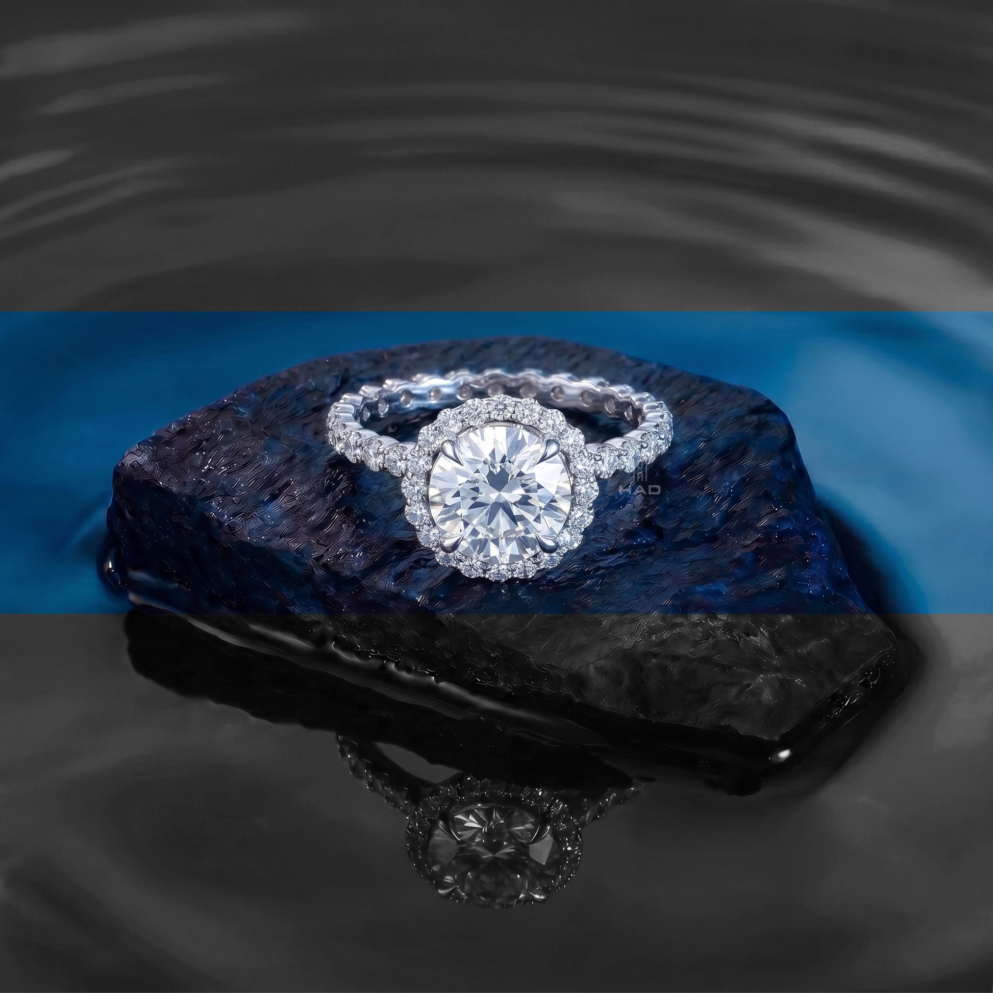 Round Brilliant Cut Lab Diamond Halo Engagement Ring with Eternity Band