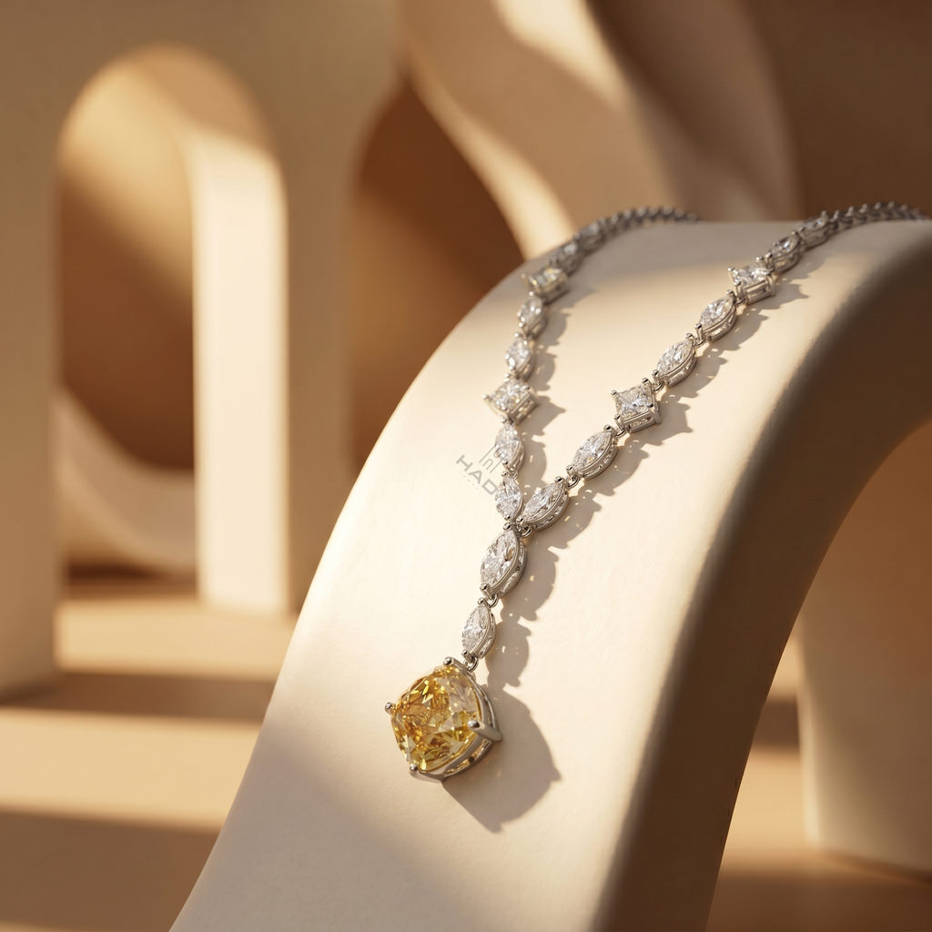 Yellow Cushion Diamond Solitaire Pendant with Marquise Cluster Chain Necklace