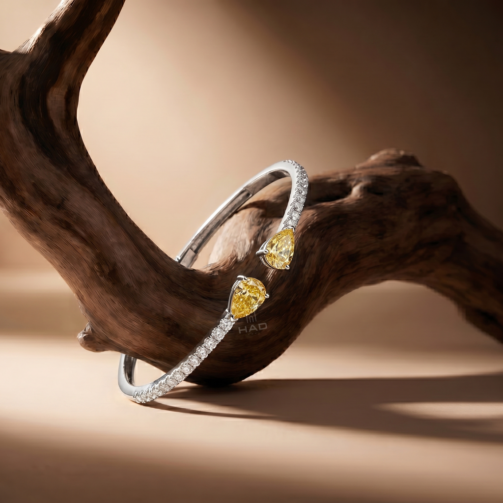 Double Yellow Pear Cut Lab Diamond Open Cuff Bracelet