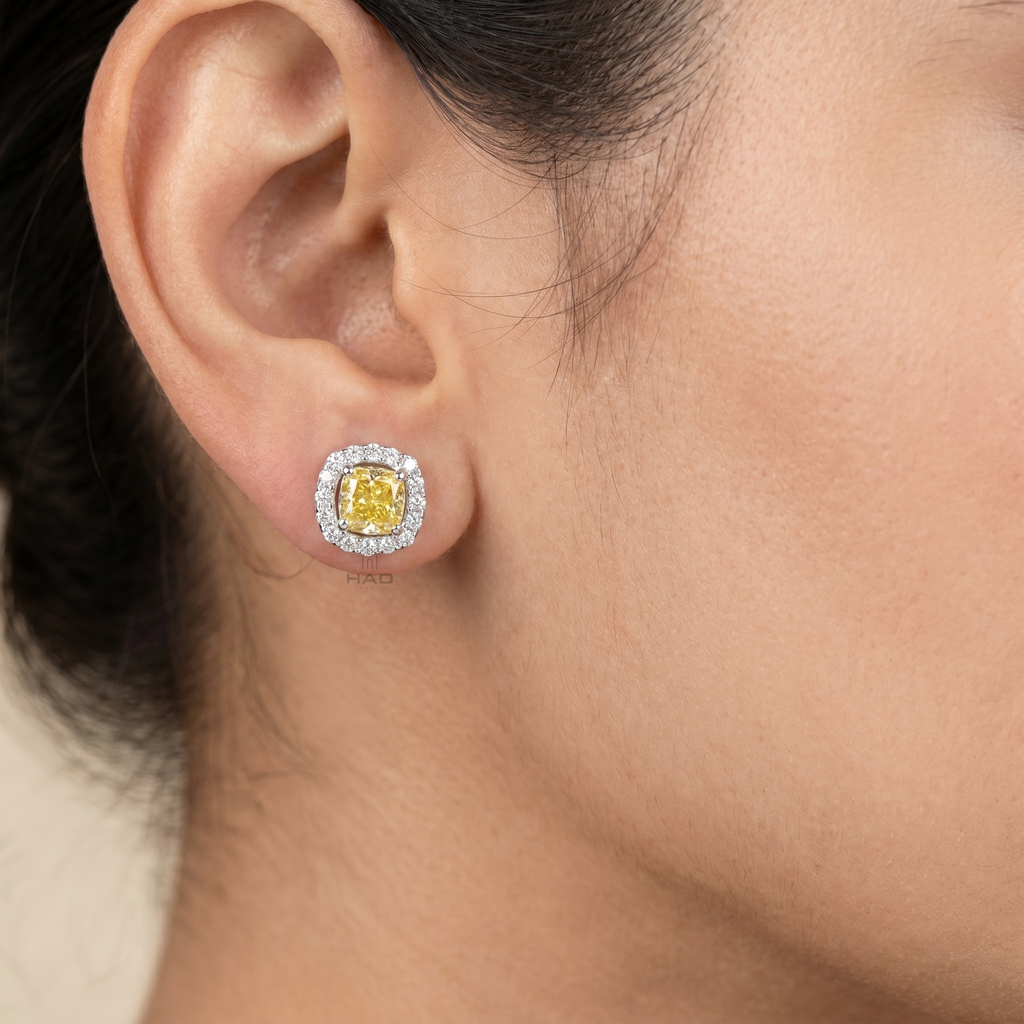 Canary Yellow Cushion Lab Diamond Pave Halo Stud Earrings
